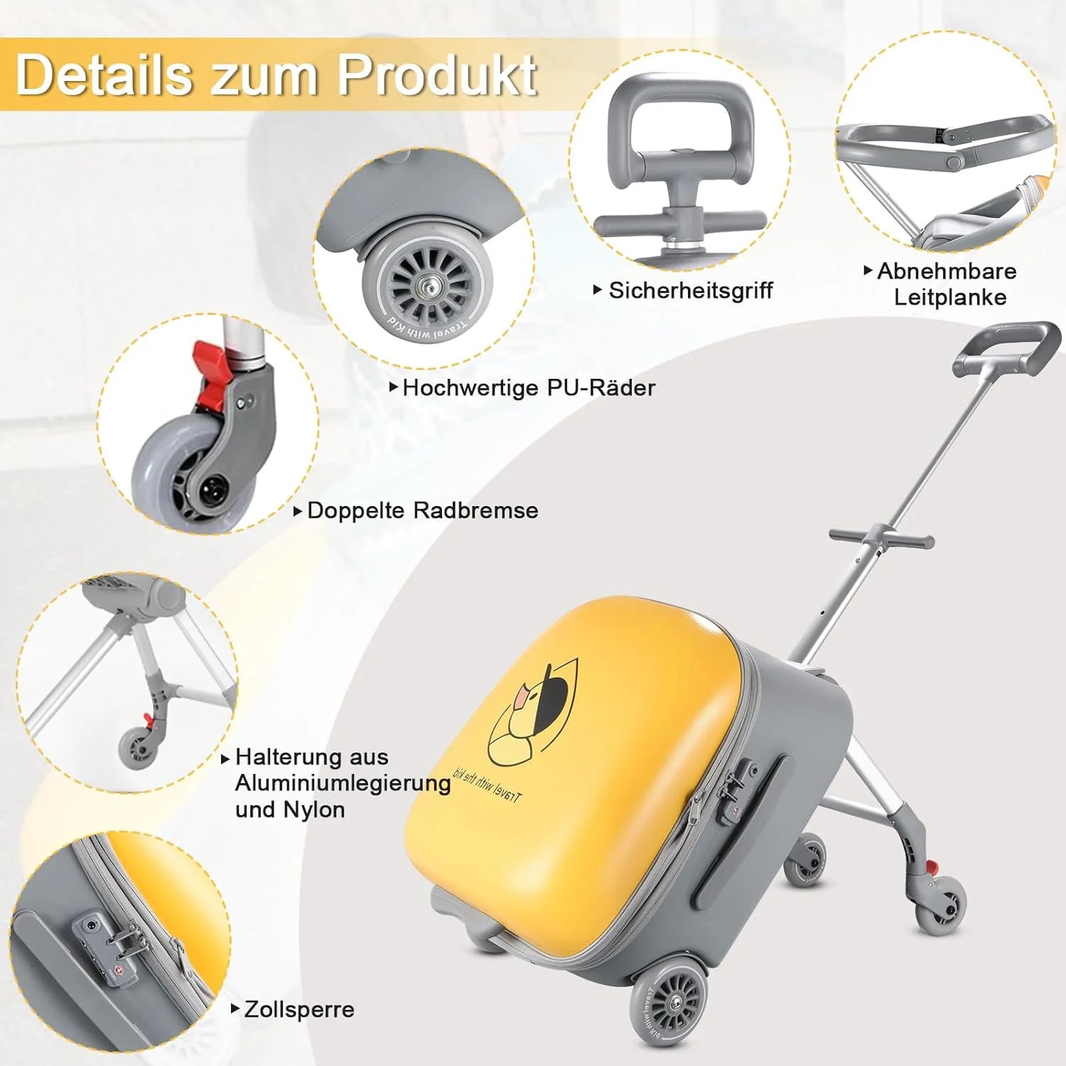 چمدان کودکانه Zertylre، چمدان کابین 2 در 1 با صندلی برای کودکان، هارد کیس 40 لیتری قابل گسترش با چرخ های اسپینر، مناسب برای سنین 4 سال به بالا، سفر فرودگاهی آسان (زرد)