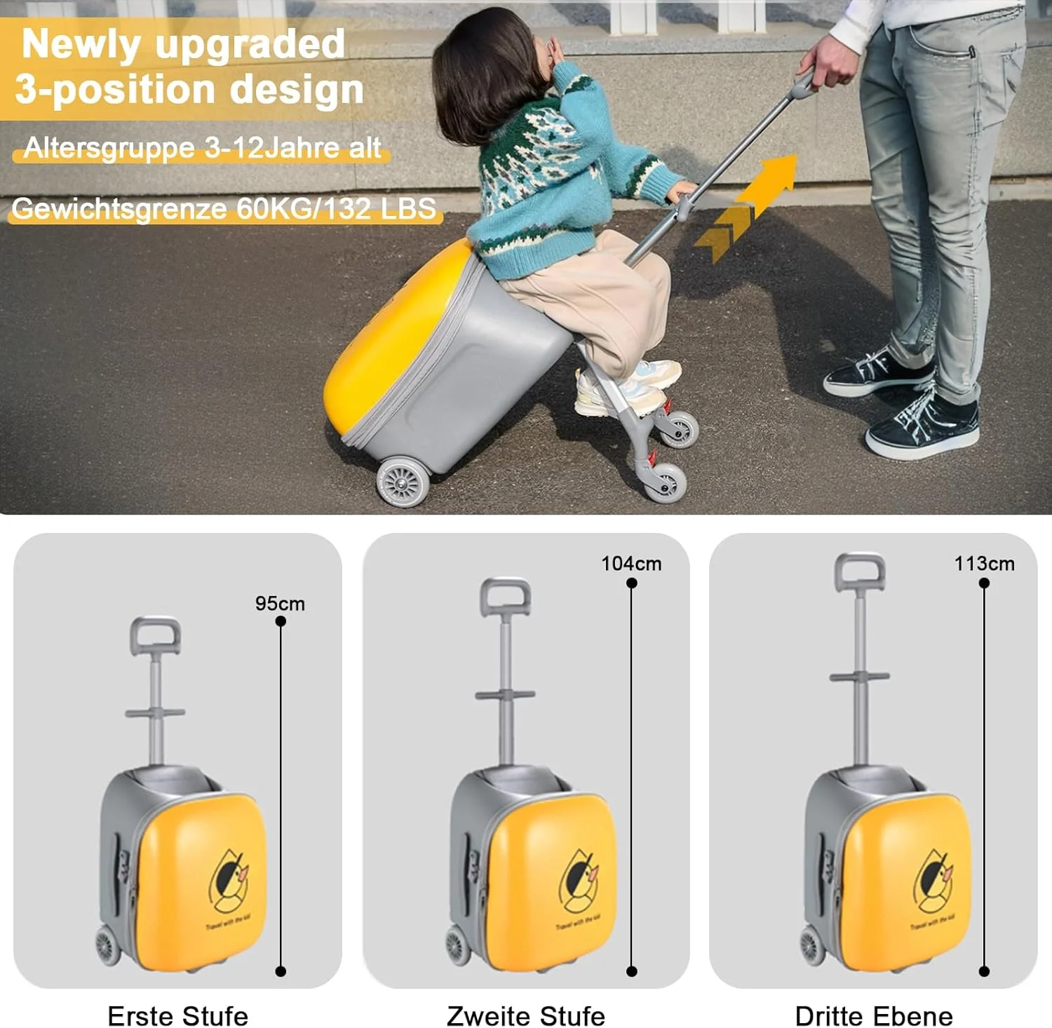 چمدان کودکانه Zertylre، چمدان کابین 2 در 1 با صندلی برای کودکان، هارد کیس 40 لیتری قابل گسترش با چرخ های اسپینر، مناسب برای سنین 4 سال به بالا، سفر فرودگاهی آسان (زرد)