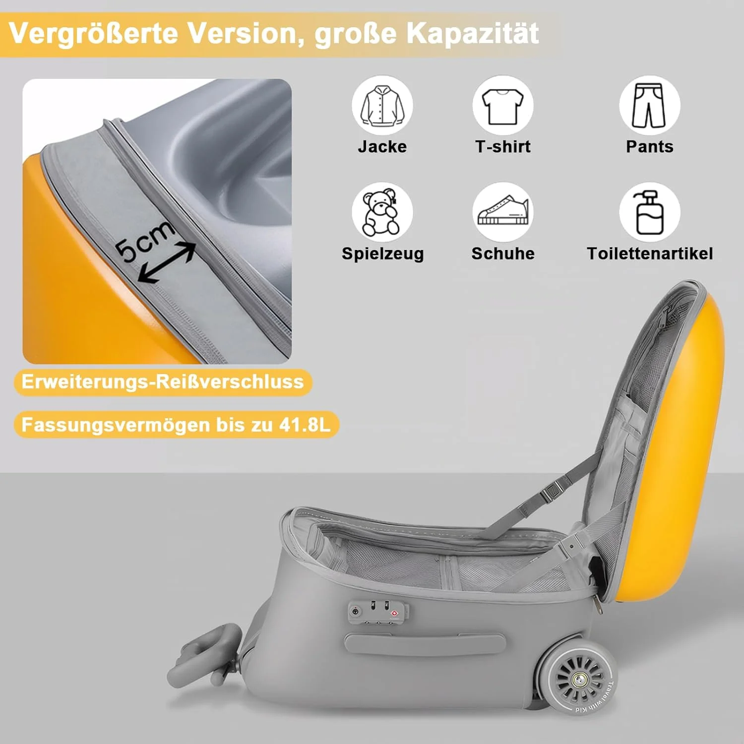 چمدان کودکانه Zertylre، چمدان کابین 2 در 1 با صندلی برای کودکان، هارد کیس 40 لیتری قابل گسترش با چرخ های اسپینر، مناسب برای سنین 4 سال به بالا، سفر فرودگاهی آسان (زرد)