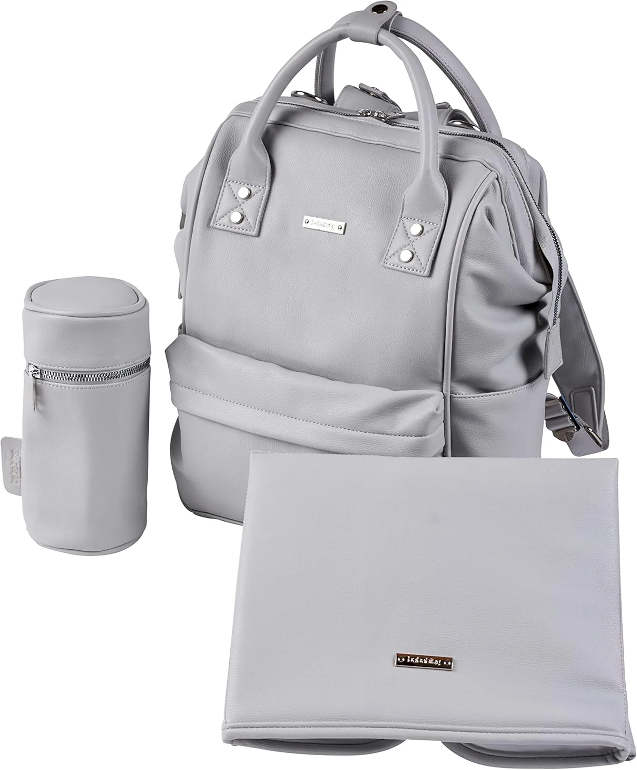 بابابینگ! | کوله پشتی بزرگ کیف تعویض نوزاد مانی با بند شانه ای قابل تنظیم، تشک جداشدنی چند منظوره و نگهدارنده بطری عایق دار، چرم مصنوعی خاکستری کبوتر