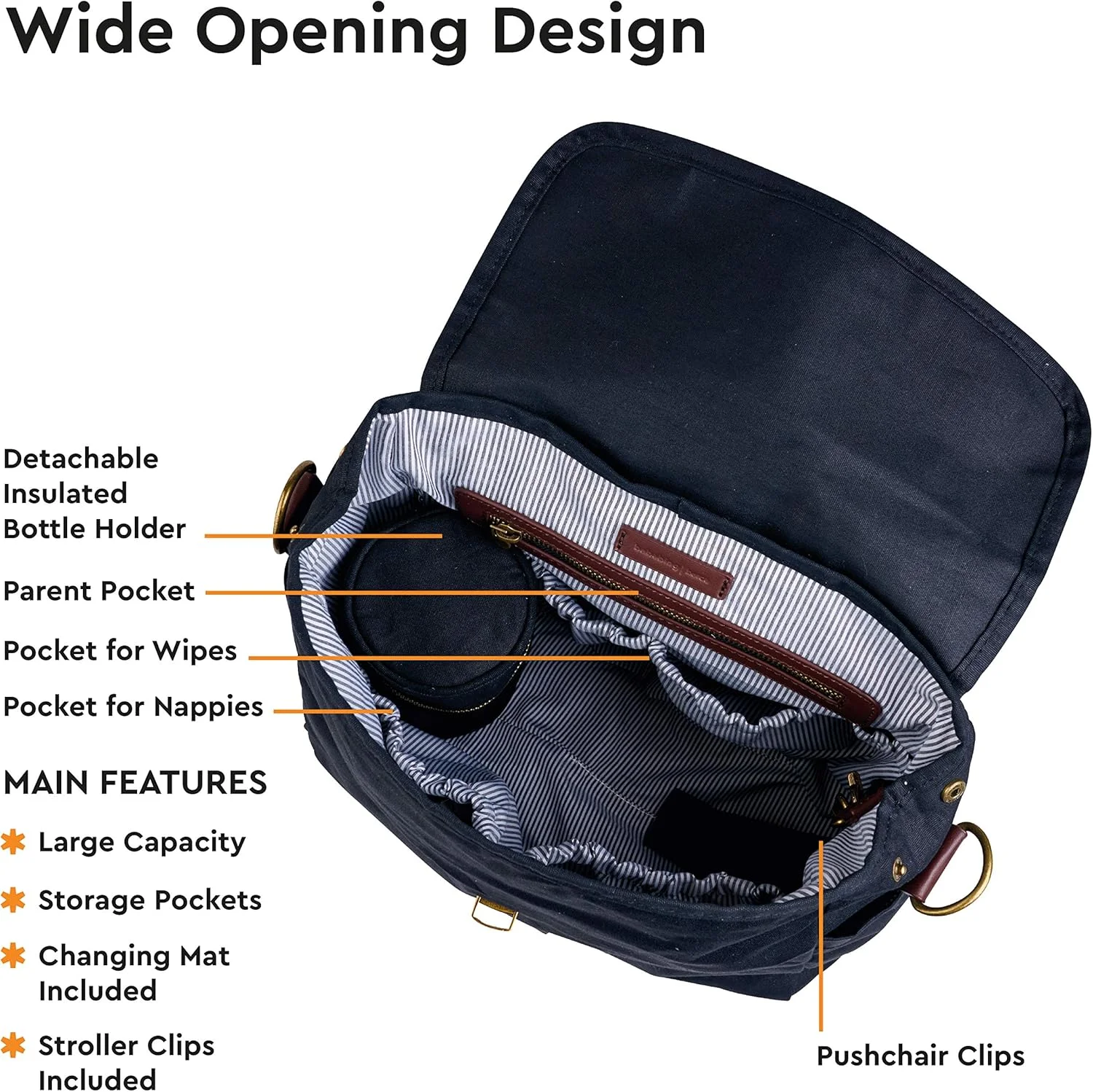 کیف لوازم کودک بارسا BabaBing! | کوله پشتی چند منظوره با بند شانه قابل تنظیم | کیف دستی | کوله پشتی | مشکی، تک سایز