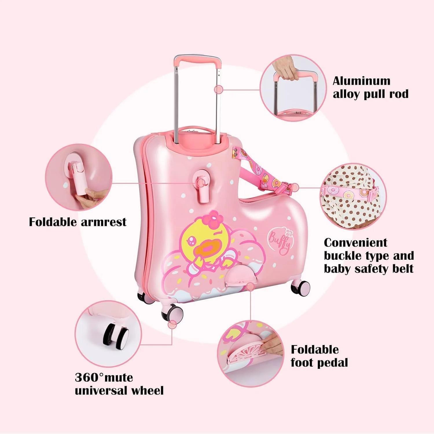Children's Ride-On Travel Suitcase,Travel Rolling Kid's Luggage with Wheels Carry Trolley Luggage with Password Lock - تصویر 2