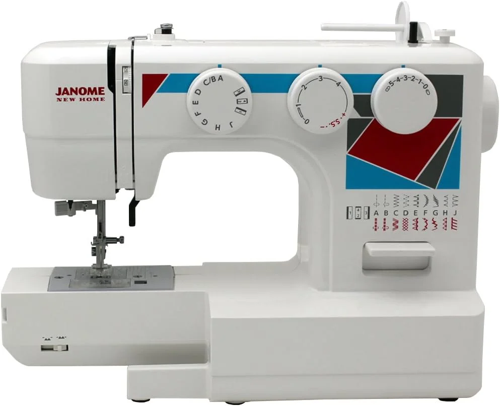 چرخ خیاطی Janome MOD-19 با کاربری آسان، دارای 19 مدل دوخت، سوزن نخ کن اتوماتیک و سگ های تغذیه 5 تکه، سفید