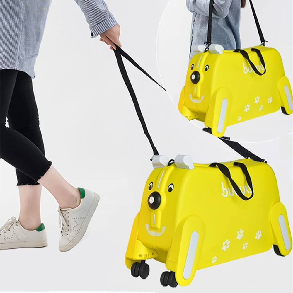 چمدان استرابرد کودکانه، استرابرد طرح سگ، قابل سوار شدن و کشیدن، چرخ دار (زرد)