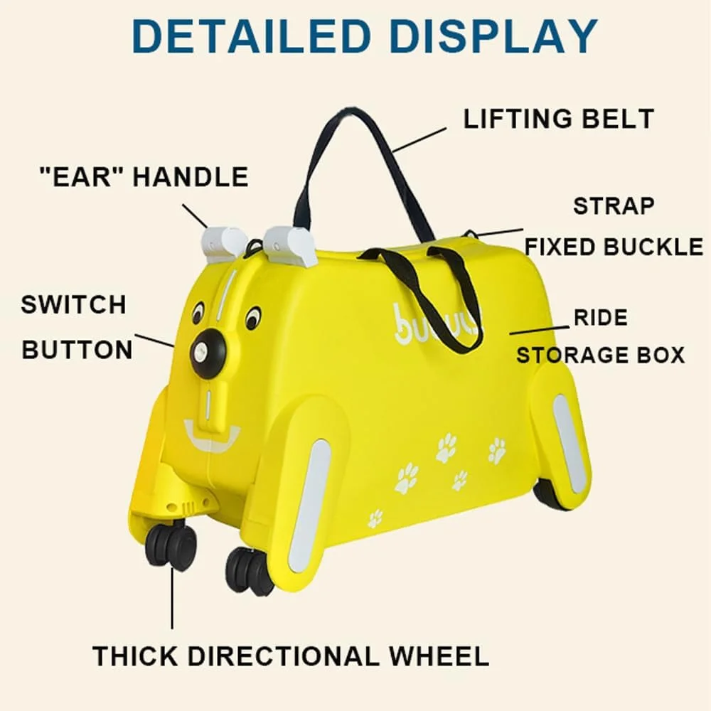 چمدان استرابرد کودکانه، استرابرد طرح سگ، قابل سوار شدن و کشیدن، چرخ دار (زرد)