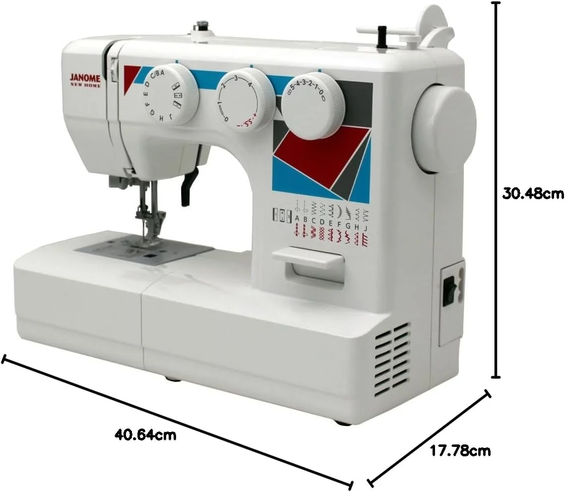 چرخ خیاطی Janome MOD-19 با کاربری آسان، دارای 19 مدل دوخت، سوزن نخ کن اتوماتیک و سگ های تغذیه 5 تکه، سفید