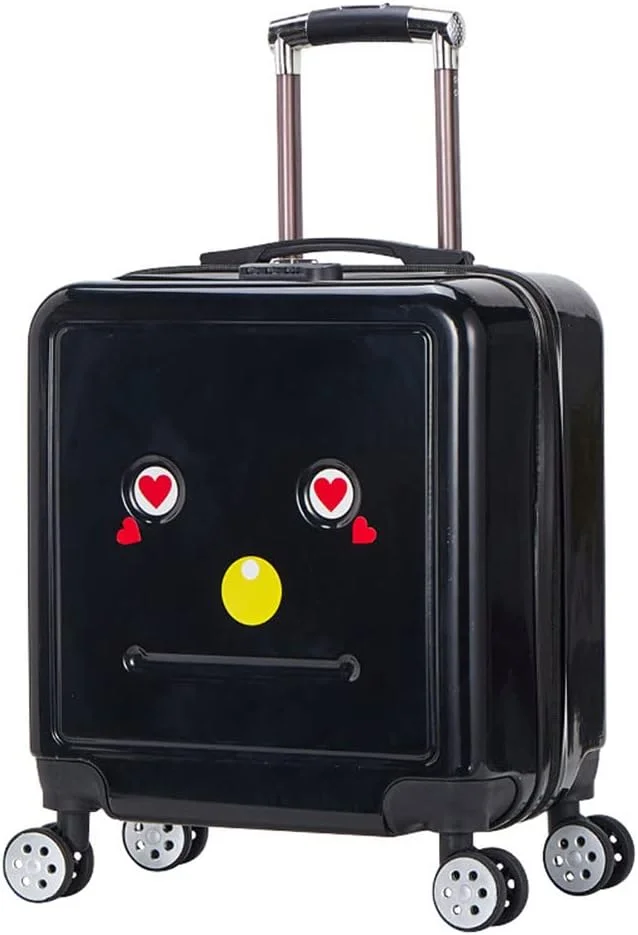Children Luggage Case, Kids Plastic Trolly Suitcase, Portable Rolling Bag for Girls Boys Travel, Students School Luggage Bag with 360° Wheels & Cute Cartoon Design (020-Robot, Black)