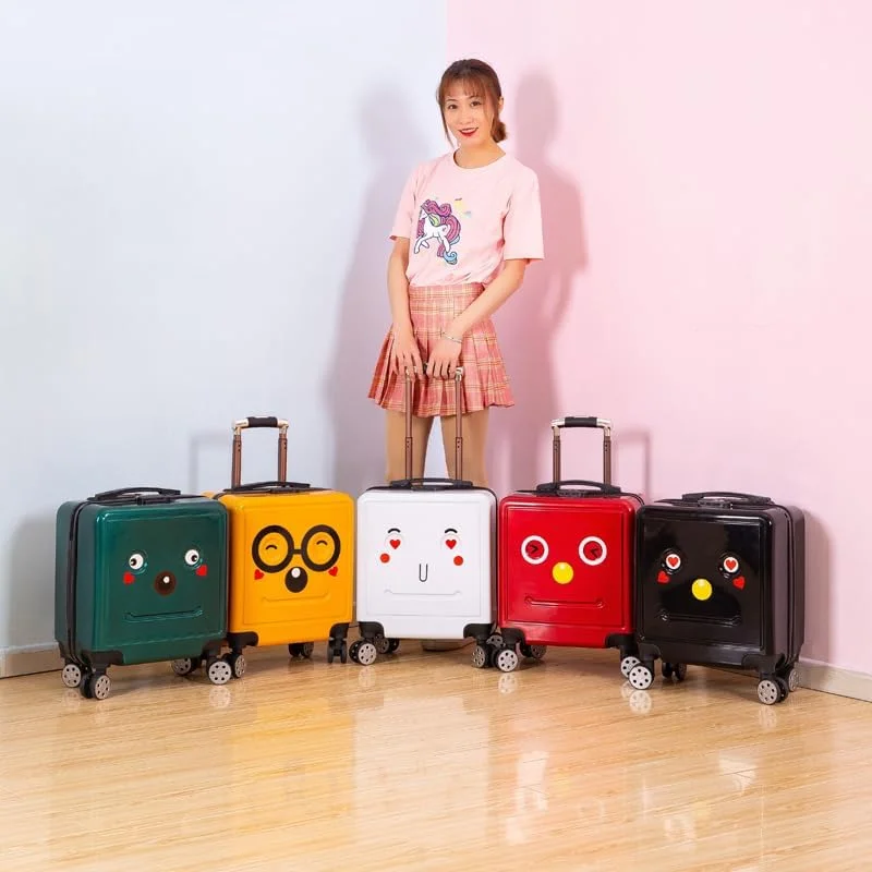 Children Luggage Case, Kids Plastic Trolly Suitcase, Portable Rolling Bag for Girls Boys Travel, Students School Luggage Bag with 360° Wheels & Cute Cartoon Design (020-Robot, Black)