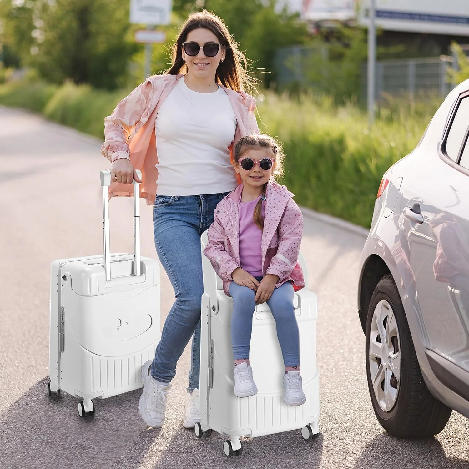 چمدان کابین سایز 22 اینچ Bulyoou با صندلی برای کودکان، چمدان سواری تاشو با چرخ های اسپینر و قفل برای مسافرت (مشکی)، سفید، 20 اینچ