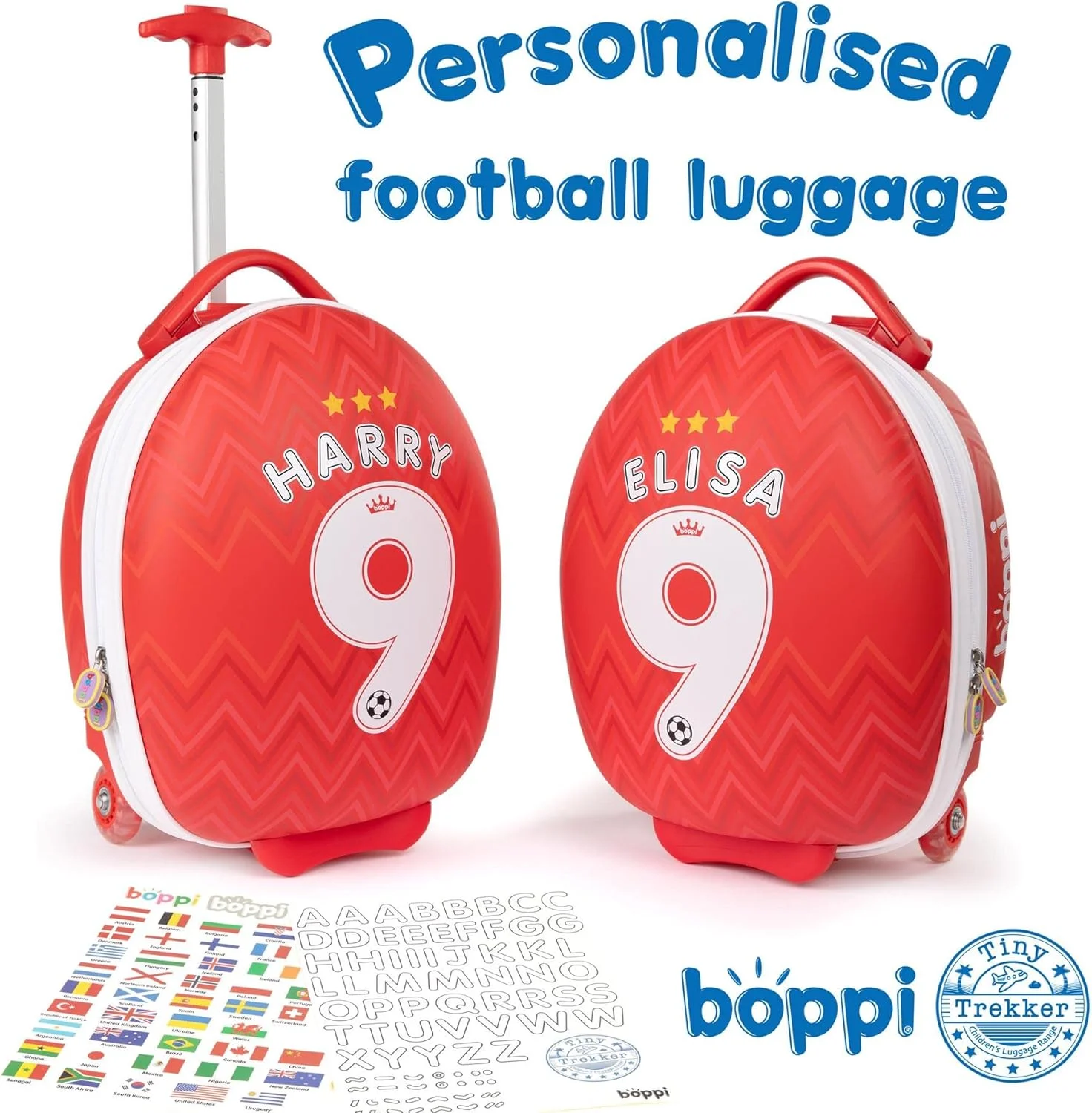 چمدان چرخدار فوتبالی قرمز boppi Tiny Trekker - چمدان کابین زیر صندلی برای کودکان - کیف کابین Easyjet سازگار با ابعاد 45x36x20 - چمدان کابین هارد کیس 17 لیتری - هدیه فوتبالی برای کودکان