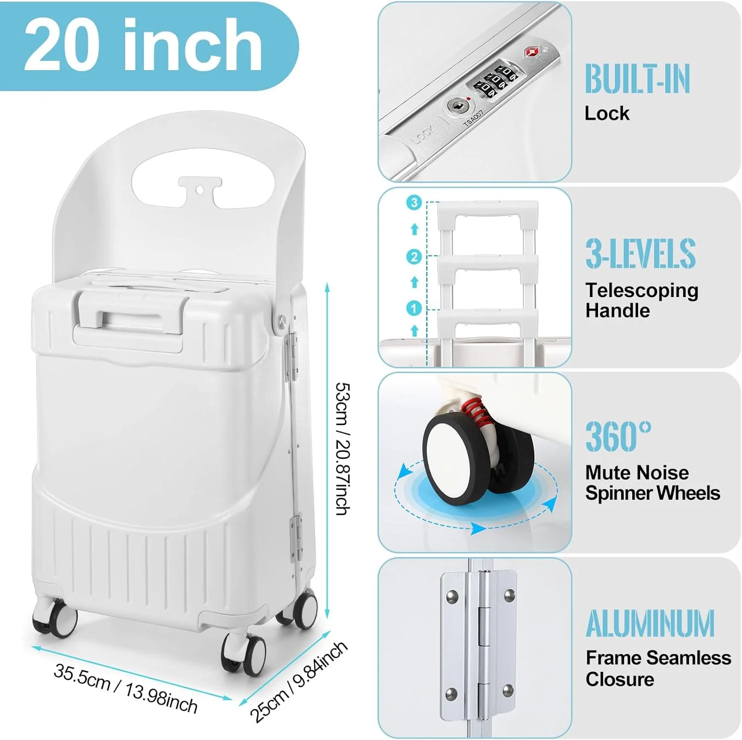 چمدان کابین سایز 22 اینچ Bulyoou با صندلی برای کودکان، چمدان سواری تاشو با چرخ های اسپینر و قفل برای مسافرت (مشکی)، سفید، 20 اینچ