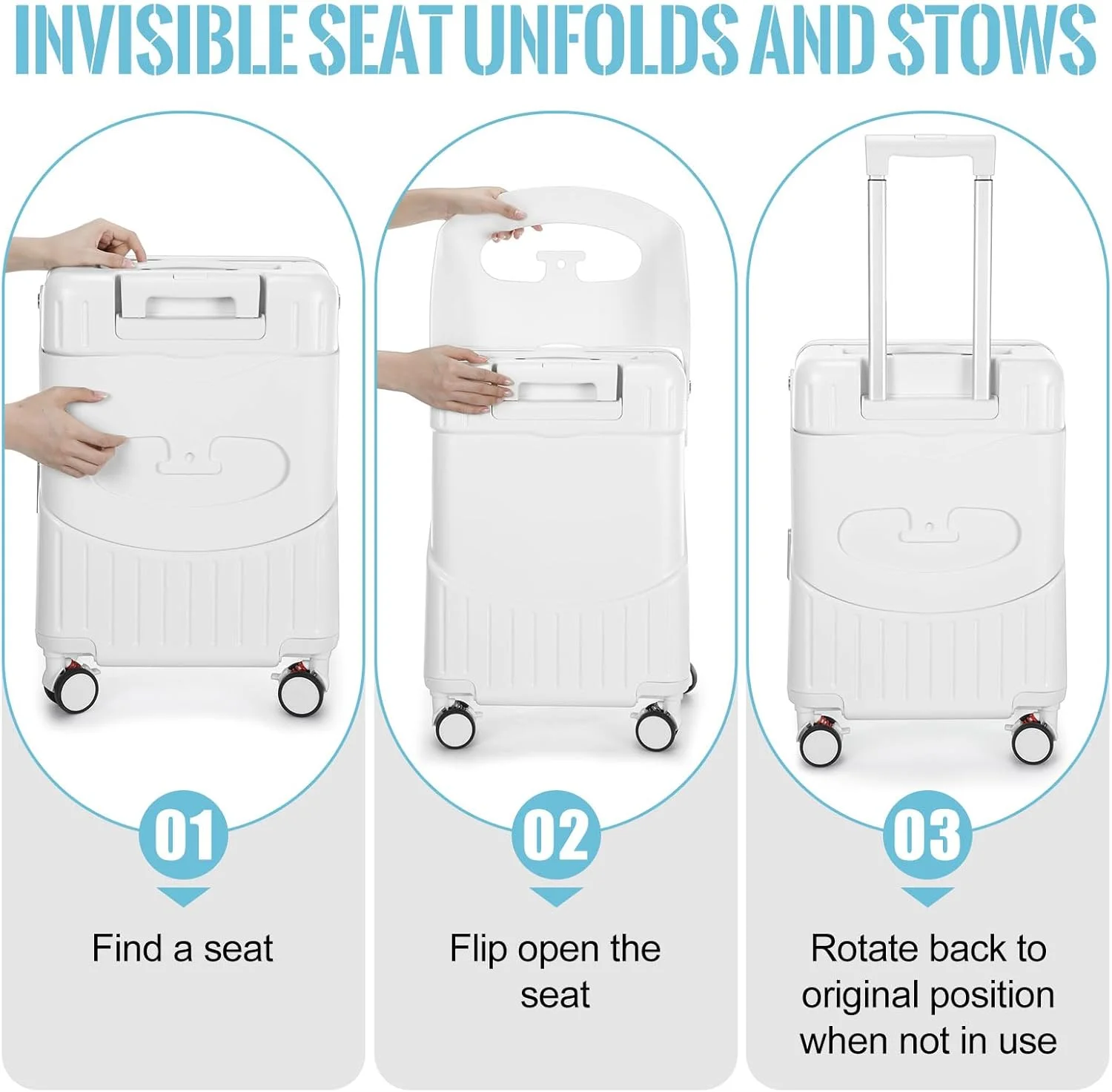 چمدان کابین سایز 22 اینچ Bulyoou با صندلی برای کودکان، چمدان سواری تاشو با چرخ های اسپینر و قفل برای مسافرت (مشکی)، سفید، 20 اینچ