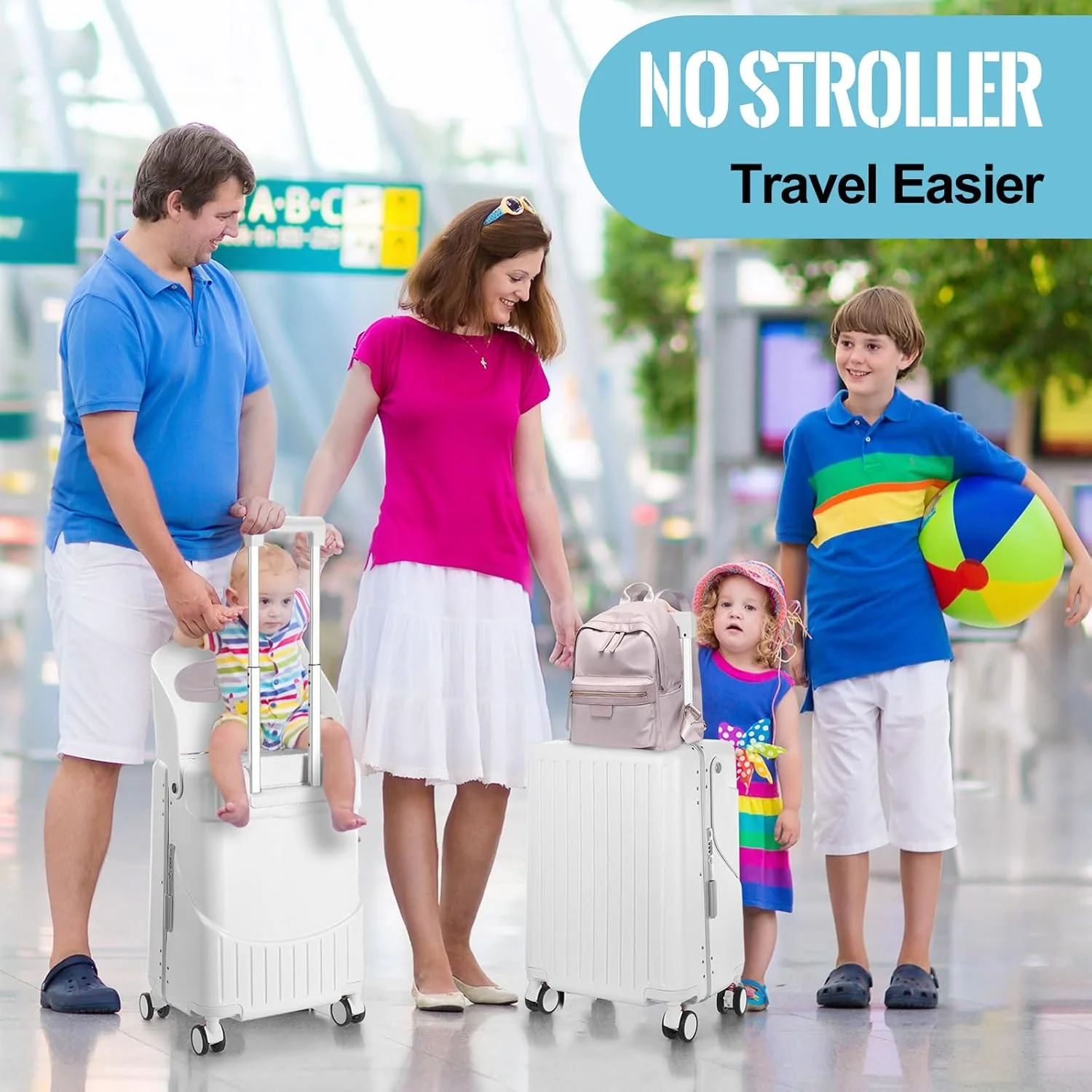 چمدان کابین سایز 22 اینچ Bulyoou با صندلی برای کودکان، چمدان سواری تاشو با چرخ های اسپینر و قفل برای مسافرت (مشکی)، سفید، 20 اینچ