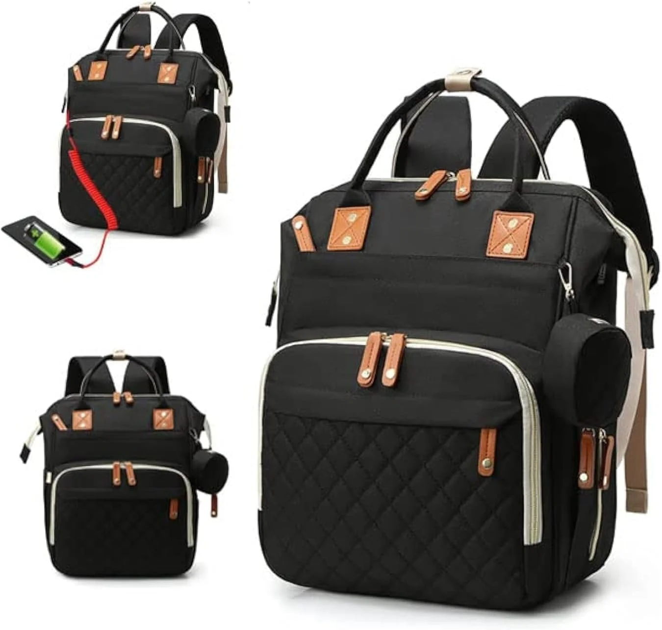 کیف کوله پشتی لوازم کودک، کیف بزرگ نوزاد برای دختران و پسران، کوله پشتی مسافرتی ضد آب چند منظوره با کیف پستانک، بندهای کالسکه، کیف دستمال کاغذی و پورت شارژ USB داخلی