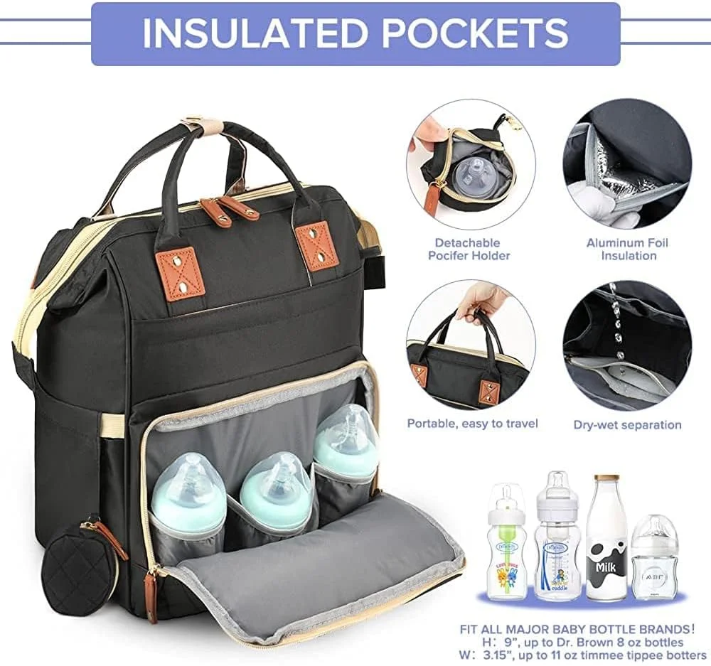 کیف کوله پشتی لوازم کودک، کیف بزرگ نوزاد برای دختران و پسران، کوله پشتی مسافرتی ضد آب چند منظوره با کیف پستانک، بندهای کالسکه، کیف دستمال کاغذی و پورت شارژ USB داخلی