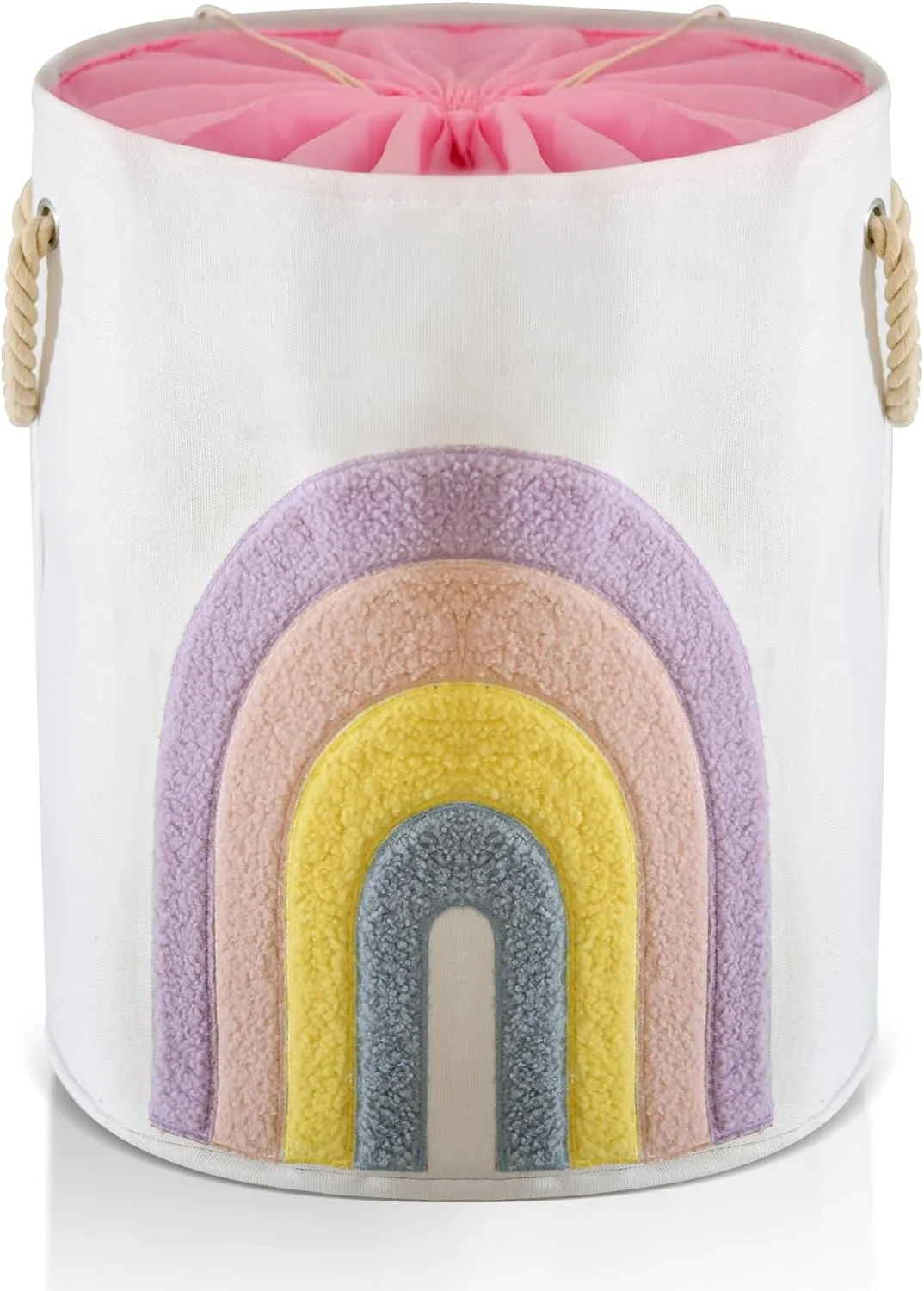 سبد لباس نوزاد INough، سبد لباس بچه گانه صورتی، سبد لباس های بزرگ 58 لیتری از جنس برزنت با بند کشی، سبد لباس دخترانه برای اتاق کودک، سبد اسباب بازی، دکوراسیون اتاق دخترانه (رنگین کمان)