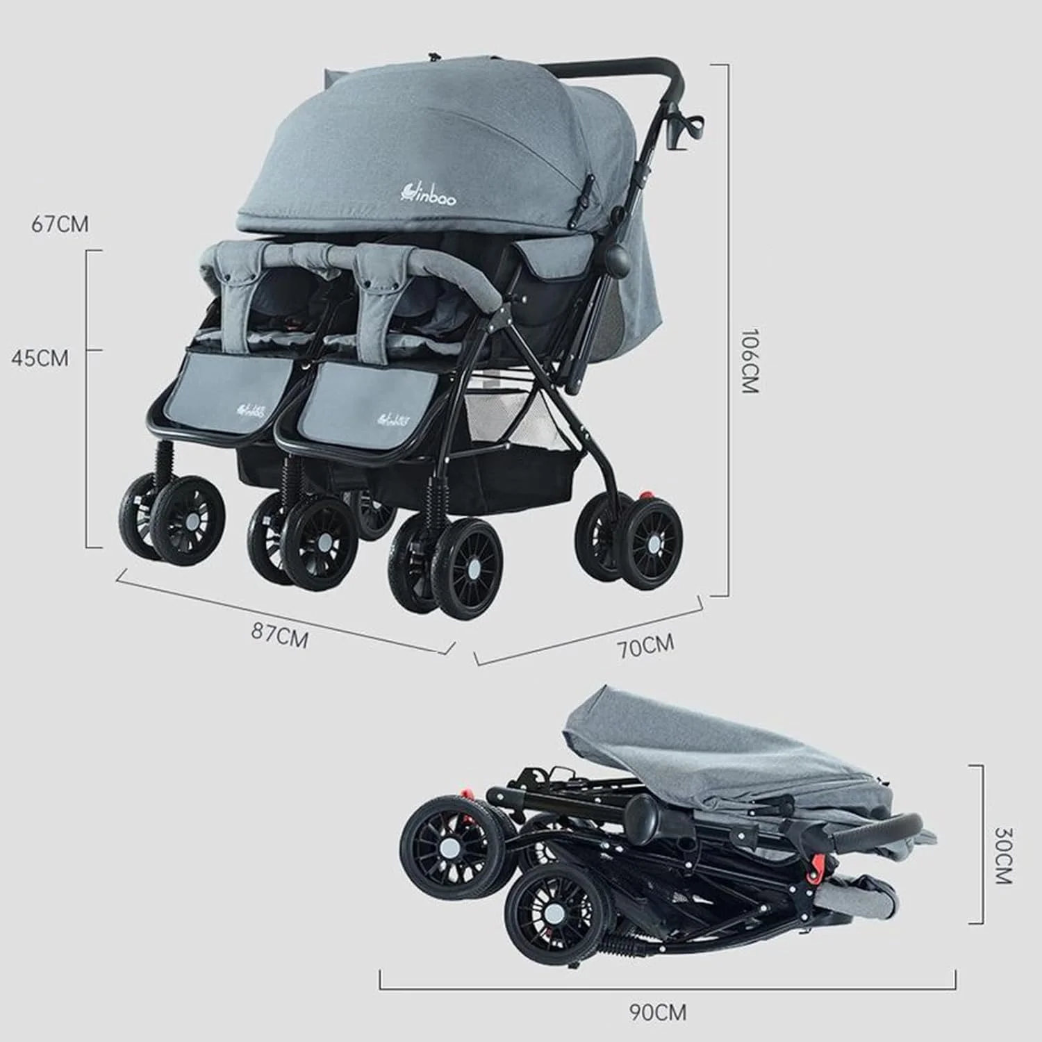 KEPFITESE Baby stroller,Siblings,Cart, Basket, Smooth Wheels, Foot Locks, Canopy,Lightweight,Reclyine Sleep,5point safety harness,Cushioned Seat,Extended Foot Rest, Easy to Fold,0-36months,silver grey