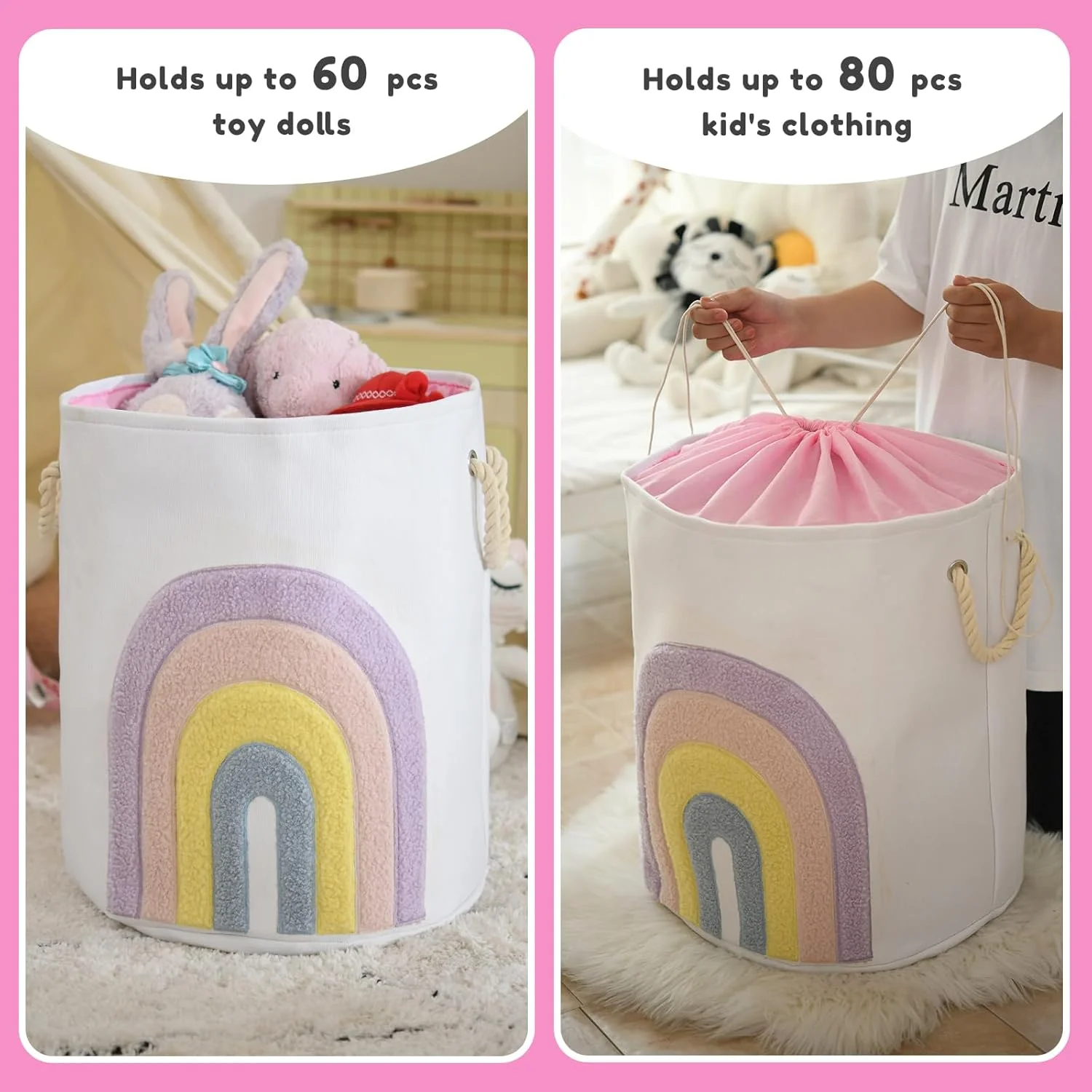 سبد لباس نوزاد INough، سبد لباس بچه گانه صورتی، سبد لباس های بزرگ 58 لیتری از جنس برزنت با بند کشی، سبد لباس دخترانه برای اتاق کودک، سبد اسباب بازی، دکوراسیون اتاق دخترانه (رنگین کمان)