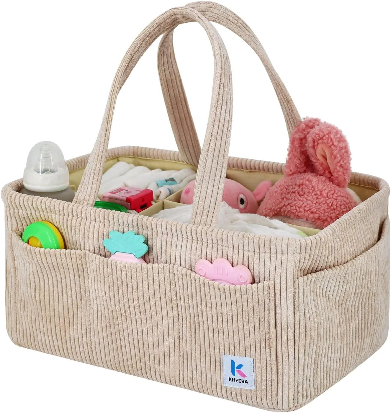 ارگانایزر لوازم کودک خیرا - سبد ذخیره سازی لوازم کودک با جنس مخمل کبریتی به همراه جداکننده، 8 جیب و دسته های بزرگ - کیف قابل حمل برای لوازم ضروری نوزاد