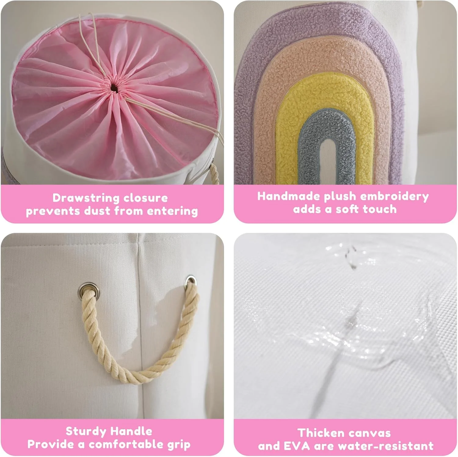 سبد لباس نوزاد INough، سبد لباس بچه گانه صورتی، سبد لباس های بزرگ 58 لیتری از جنس برزنت با بند کشی، سبد لباس دخترانه برای اتاق کودک، سبد اسباب بازی، دکوراسیون اتاق دخترانه (رنگین کمان)