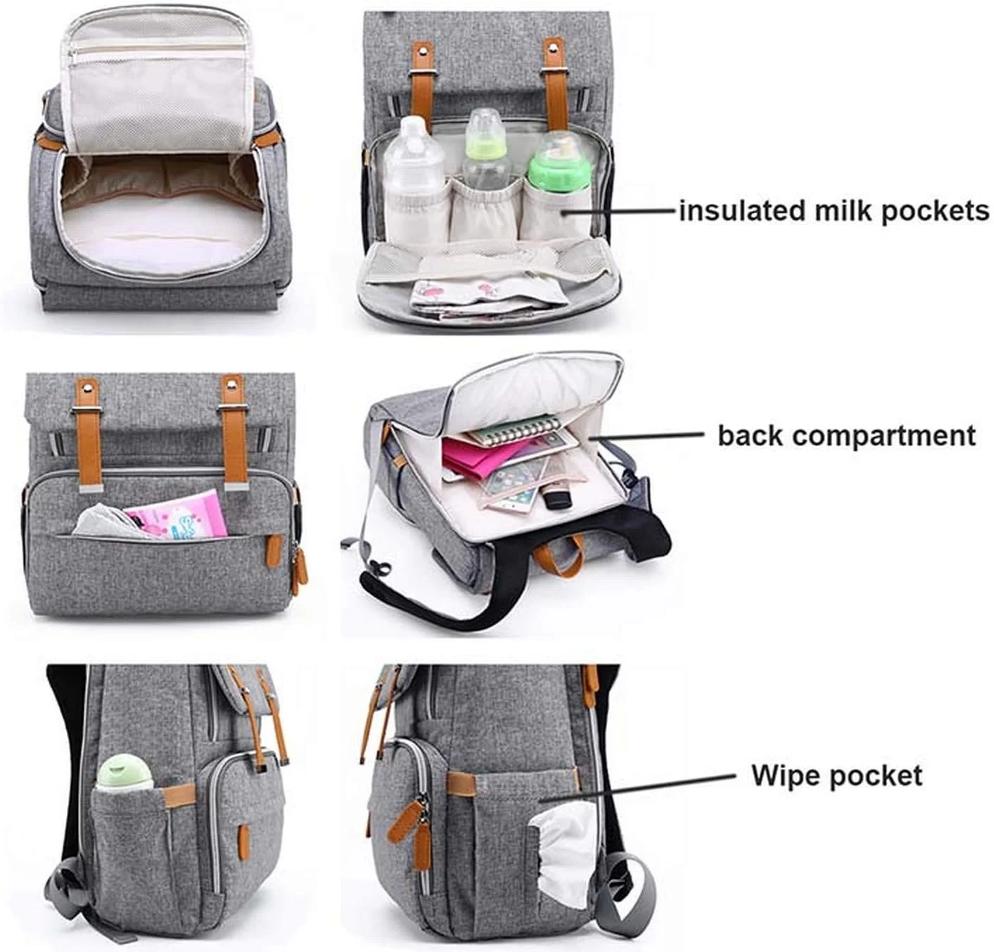 Kiddale Baby Diaper Bag(backpack) for Mothers, Diaper Changing Mat,Laptop Compartment, Insulated Pockets-Grey