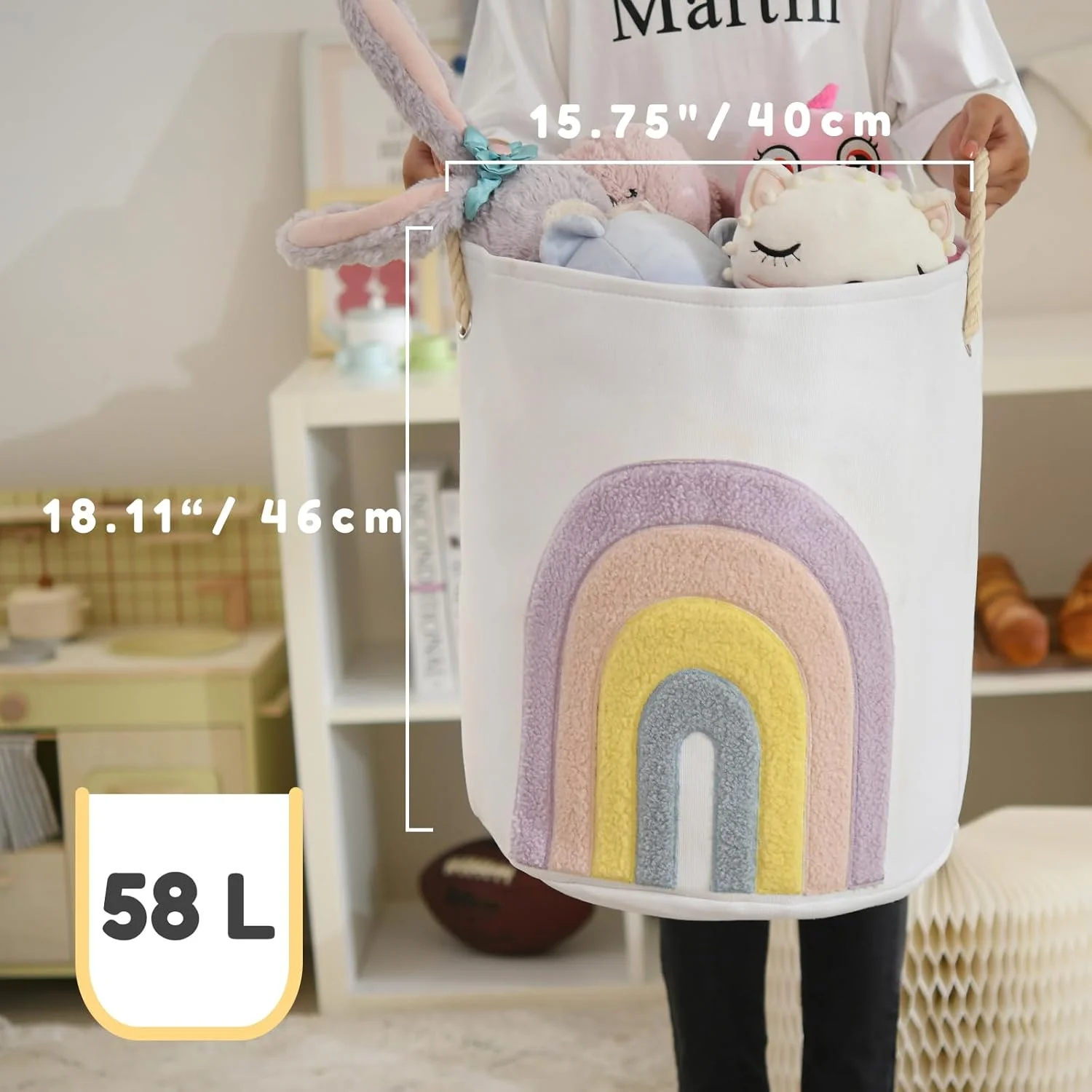 سبد لباس نوزاد INough، سبد لباس بچه گانه صورتی، سبد لباس های بزرگ 58 لیتری از جنس برزنت با بند کشی، سبد لباس دخترانه برای اتاق کودک، سبد اسباب بازی، دکوراسیون اتاق دخترانه (رنگین کمان)