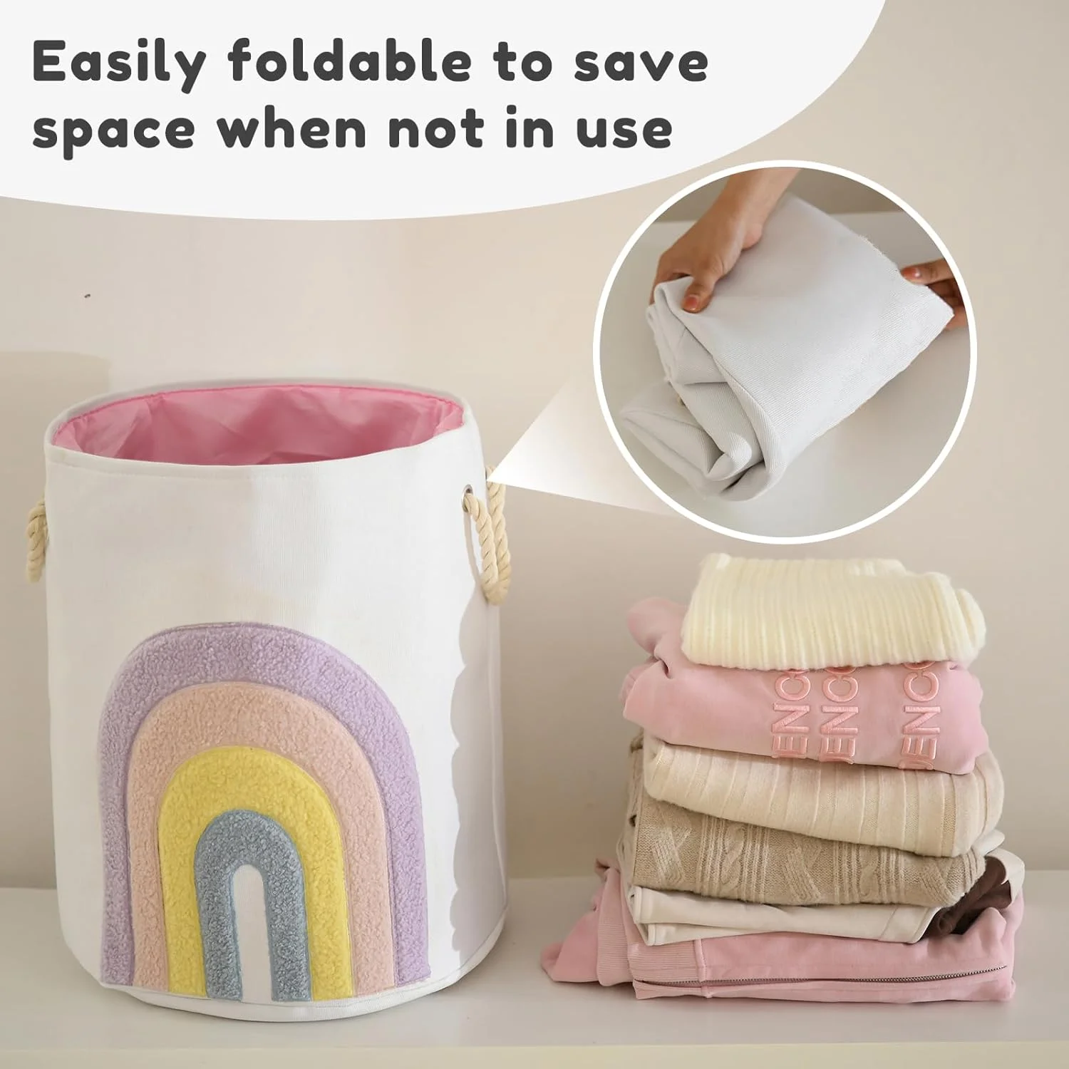 سبد لباس نوزاد INough، سبد لباس بچه گانه صورتی، سبد لباس های بزرگ 58 لیتری از جنس برزنت با بند کشی، سبد لباس دخترانه برای اتاق کودک، سبد اسباب بازی، دکوراسیون اتاق دخترانه (رنگین کمان)