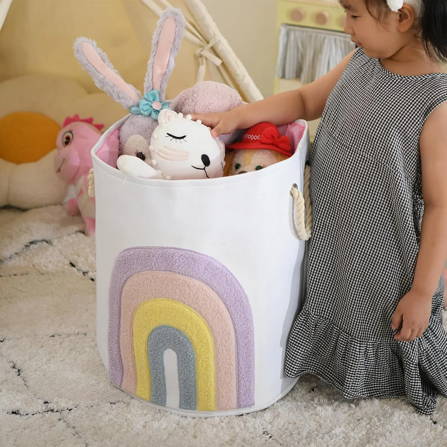 سبد لباس نوزاد INough، سبد لباس بچه گانه صورتی، سبد لباس های بزرگ 58 لیتری از جنس برزنت با بند کشی، سبد لباس دخترانه برای اتاق کودک، سبد اسباب بازی، دکوراسیون اتاق دخترانه (رنگین کمان)