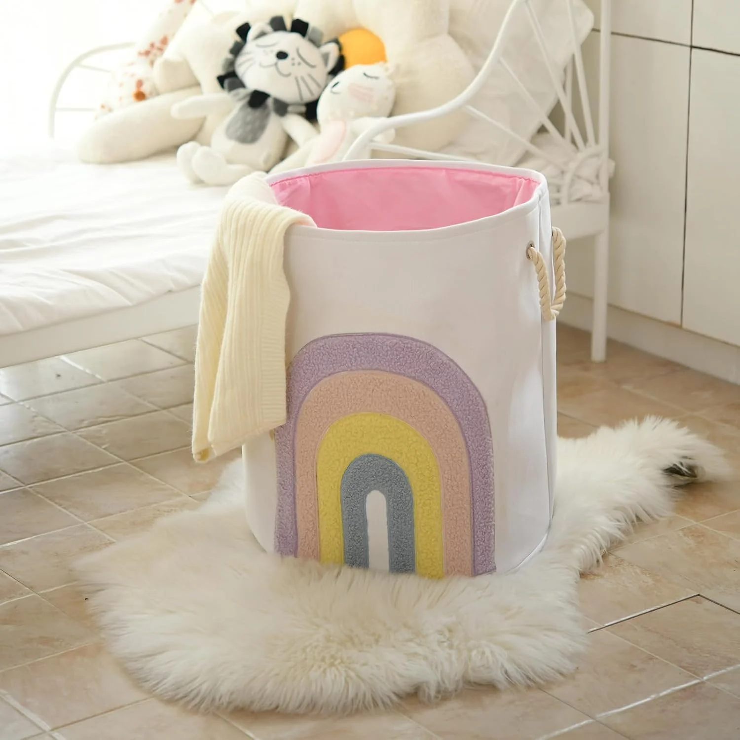 سبد لباس نوزاد INough، سبد لباس بچه گانه صورتی، سبد لباس های بزرگ 58 لیتری از جنس برزنت با بند کشی، سبد لباس دخترانه برای اتاق کودک، سبد اسباب بازی، دکوراسیون اتاق دخترانه (رنگین کمان)