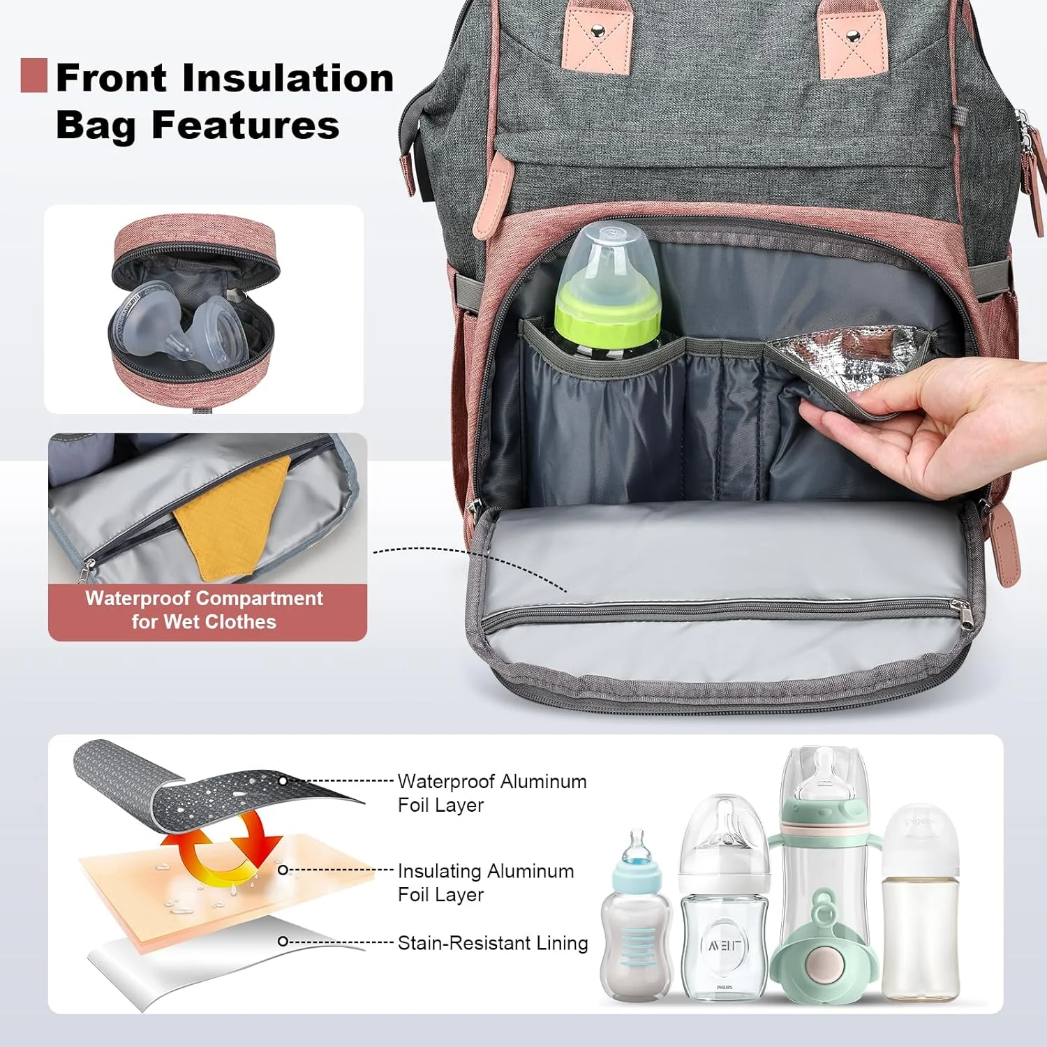کوله پشتی کیف لوازم کودک DerHutzucker، کیف مسافرتی کودک، کیف لوازم کودک با ظرفیت بزرگ به همراه پد تعویض، کوله پشتی مسافرتی ضد آب برای نوزادان دختر و پسر، کیف چند منظوره کودک با پورت شارژ USB