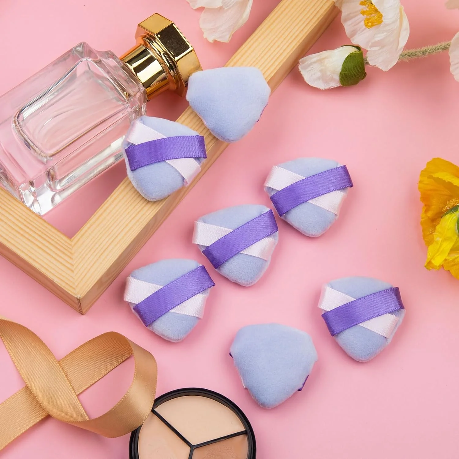 پدهای آرایشی مثلثی آزونه 20 عددی، پدهای پودری مخملی قابل حمل برای ترکیب پودر فیکس و کانسیلر، پدهای کوچک صورت بنفش