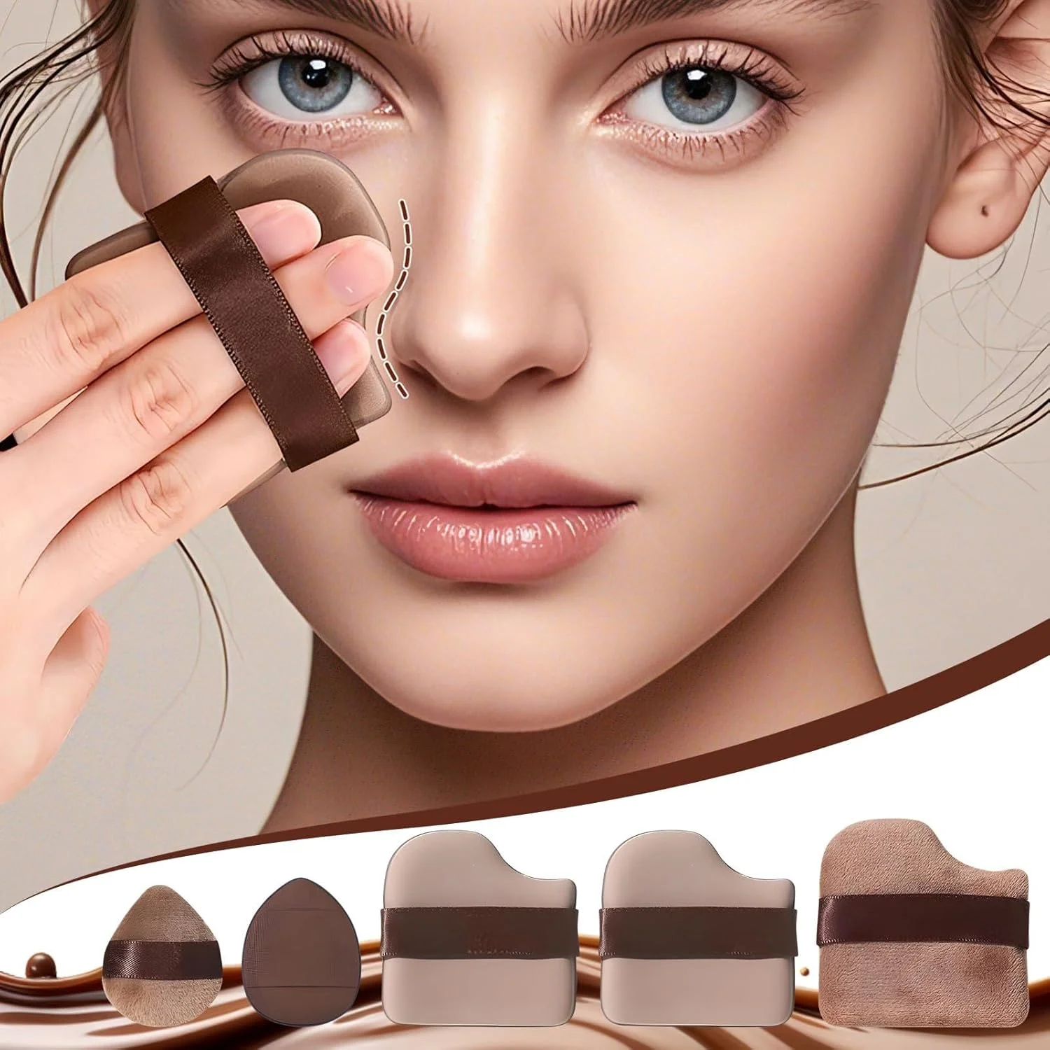 ست پد آرایشی رنگ شکلاتی، 2 جعبه – پدهای نرم و قابل استفاده مجدد برای پخش سریع کرم پودر، مناسب برای مسافرت (12 عدد)