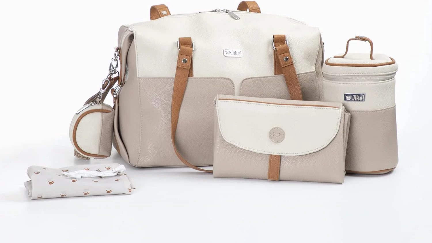 کیف لوازم کودک چند منظوره Jikel به همراه زیرانداز تعویض و محل نگهداری شیشه شیر، قابل اتصال به کالسکه، دارای محفظه عایق شیشه شیر، چرم مصنوعی 100%، کیف مسافرتی