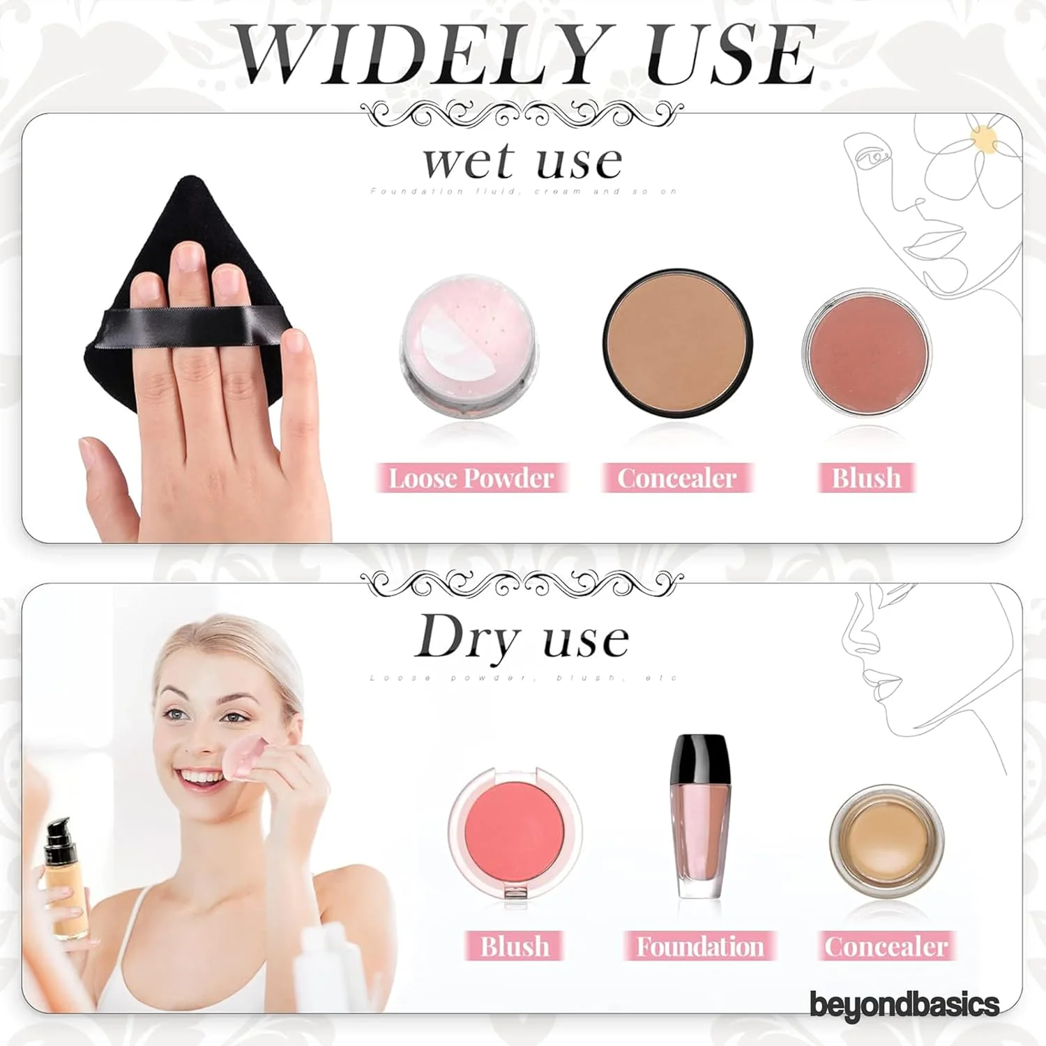 پدهای آرایشی مثلثی Beyond Basics، پودر پاف پنبه ای نرم، اسفنج آرایشی قابل استفاده مجدد برای پودر صورت با بند، صورتی، صورتی روشن، بنفش، سفید و مشکی (بسته 5 عددی). پدهای آرایشی مثلثی Beyond Basics، پودر پاف پنبه ای نرم، اسفنج آرایشی قابل استفاده مجدد برای پودر صورت با بند، صورتی، صورتی روشن، بنفش، سفید و مشکی (بسته 5 عددی).