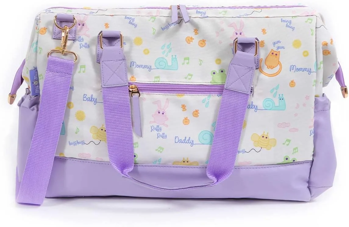 کیف لوازم کودک Milk Moo Soft Cuddles Milk&Moo، بزرگ، ضد آب با جیب های عایق دار بطری و بند اتصال به کالسکه، کیف چند منظوره برای سفر نوزاد دخترانه پسرانه (بنفش)