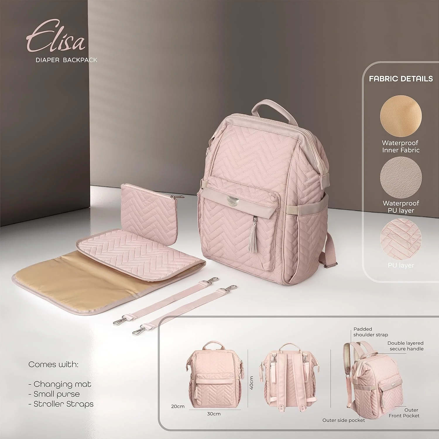 کوله پشتی لوازم کودک الیسا برند مون، ضد آب، دارای جیب های متعدد، زیرانداز تعویض، بند اتصال به کالسکه، جاکلیدی ایمن. جیب های حرارتی. بند شانه ای پد دار. بسیار جادار. مناسب سفر - صورتی