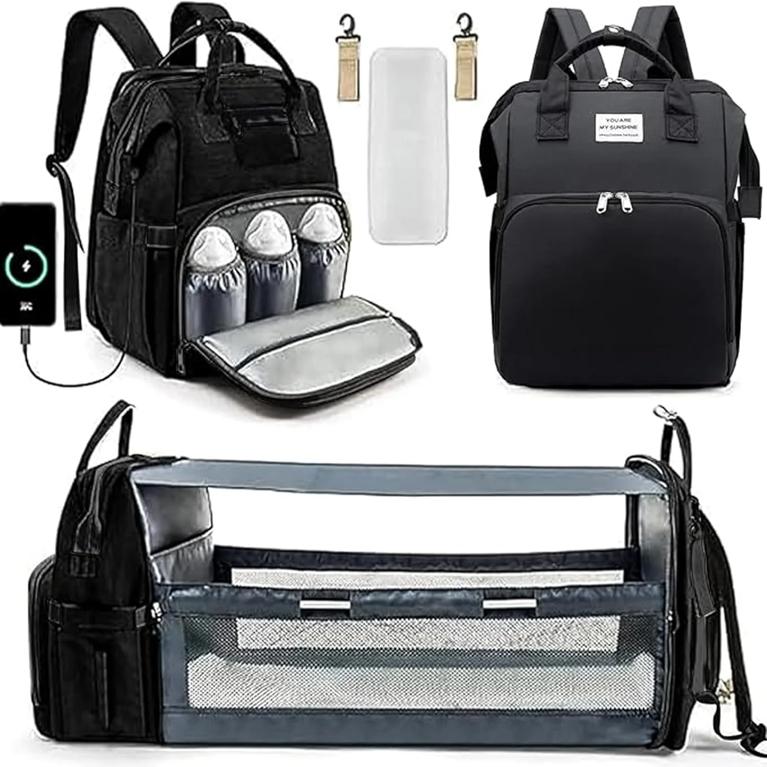 کیف لوازم کودک لانگ رول، کوله پشتی تختخواب شو تاشو، کوله پشتی چند منظوره ضد آب برای سفر با پورت USB، بندهای اتصال به کالسکه و جیب های عایق