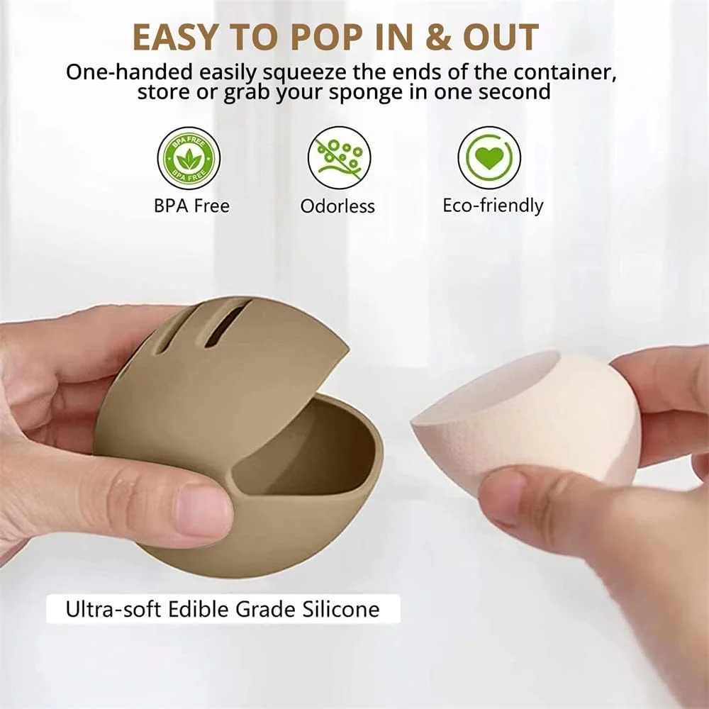 نگهدارنده اسفنج آرایشی 2 عددی، جعبه مخلوط کن آرایشی سیلیکونی سازگار با محیط زیست و نشکن، نگهدارنده اسفنج آرایشی سیلیکونی دو طرفه و قابل تنفس برای مسافرت، استفاده مجدد و حمل آسان (خاکی + صورتی)