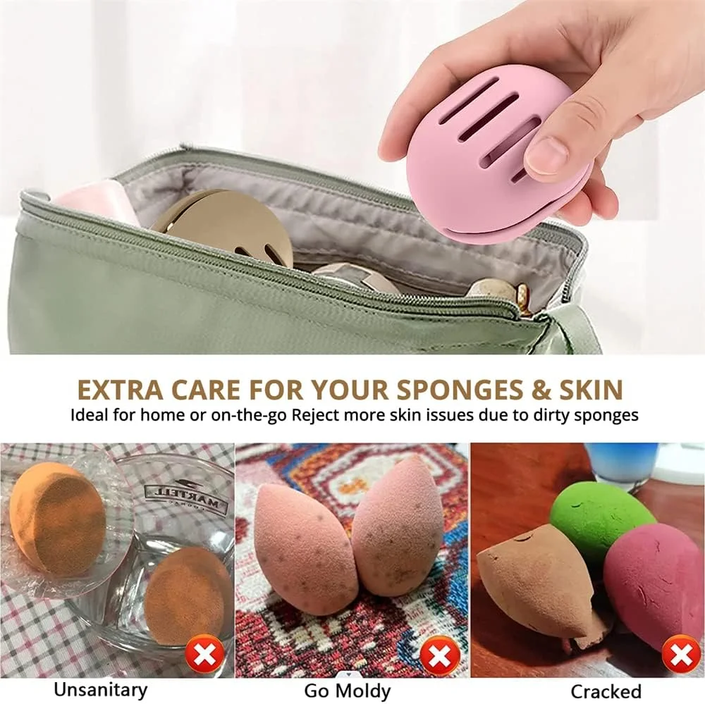 نگهدارنده اسفنج آرایشی 2 عددی، جعبه مخلوط کن آرایشی سیلیکونی سازگار با محیط زیست و نشکن، نگهدارنده اسفنج آرایشی سیلیکونی دو طرفه و قابل تنفس برای مسافرت، استفاده مجدد و حمل آسان (خاکی + صورتی)