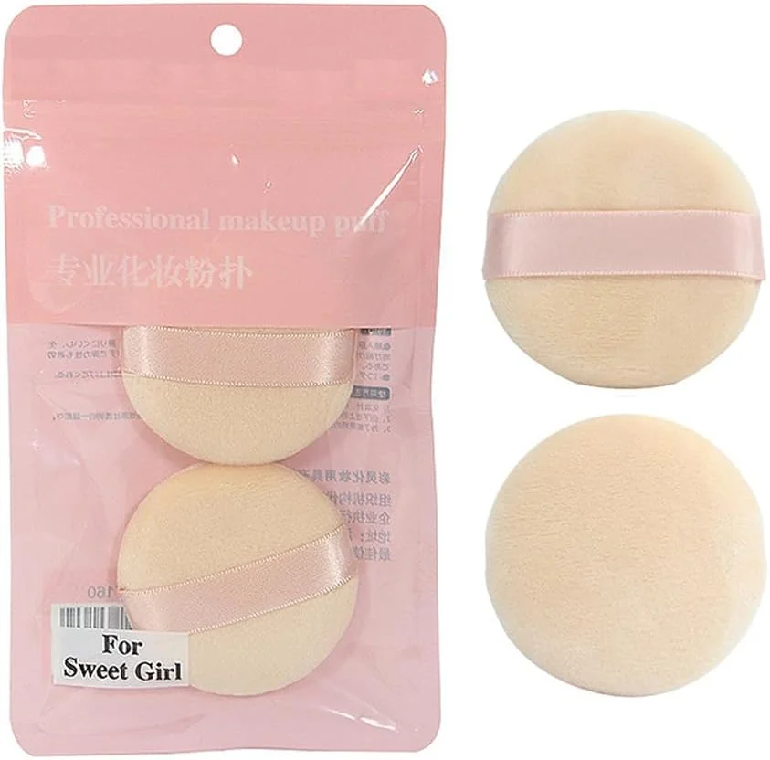 ست 2 عددی پد پودر با روبان، اسفنج نرم، ابزار آرایش پارچه فلانل فونداسیون، پد پودر گرد فومینگ طبیعی خالص، مناسب برای حمل روزانه