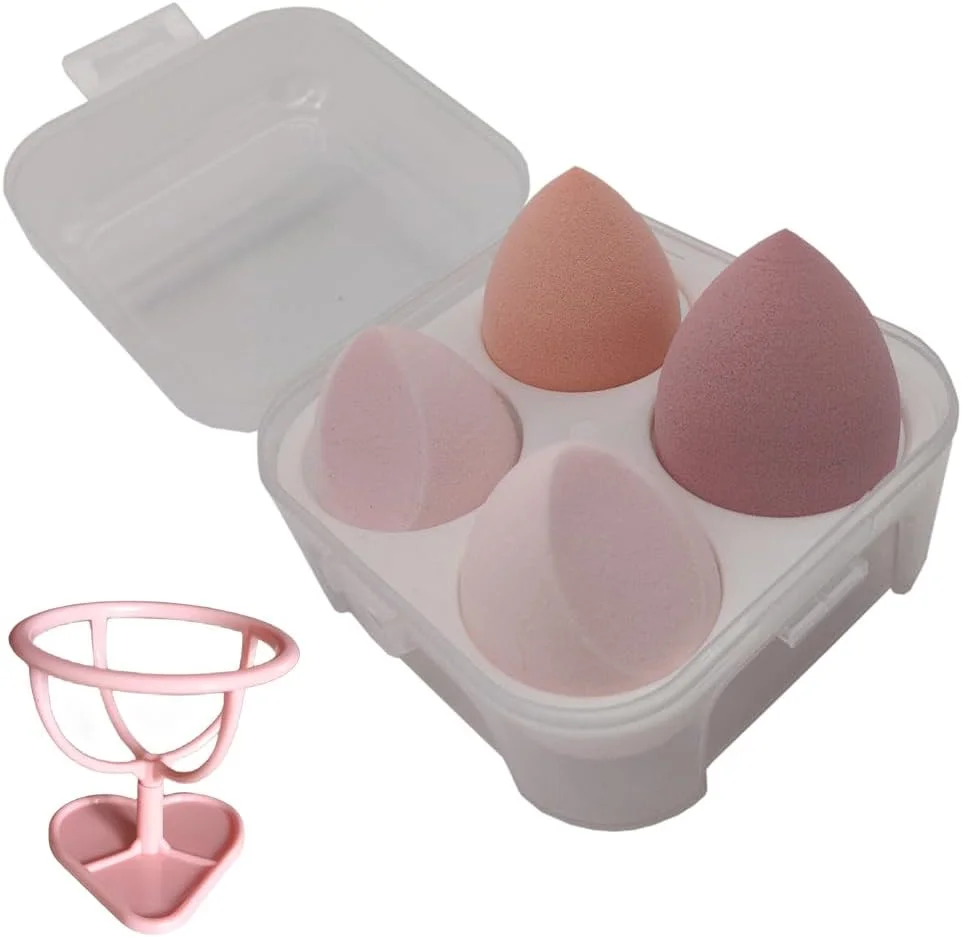 ست اسفنج آرایشی 4 عددی با یک عدد نگهدارنده اسفنج، مناسب برای کرم پودر، کانسیلر، هایلایتر، پودر، کرم یا مایع (صورتی)