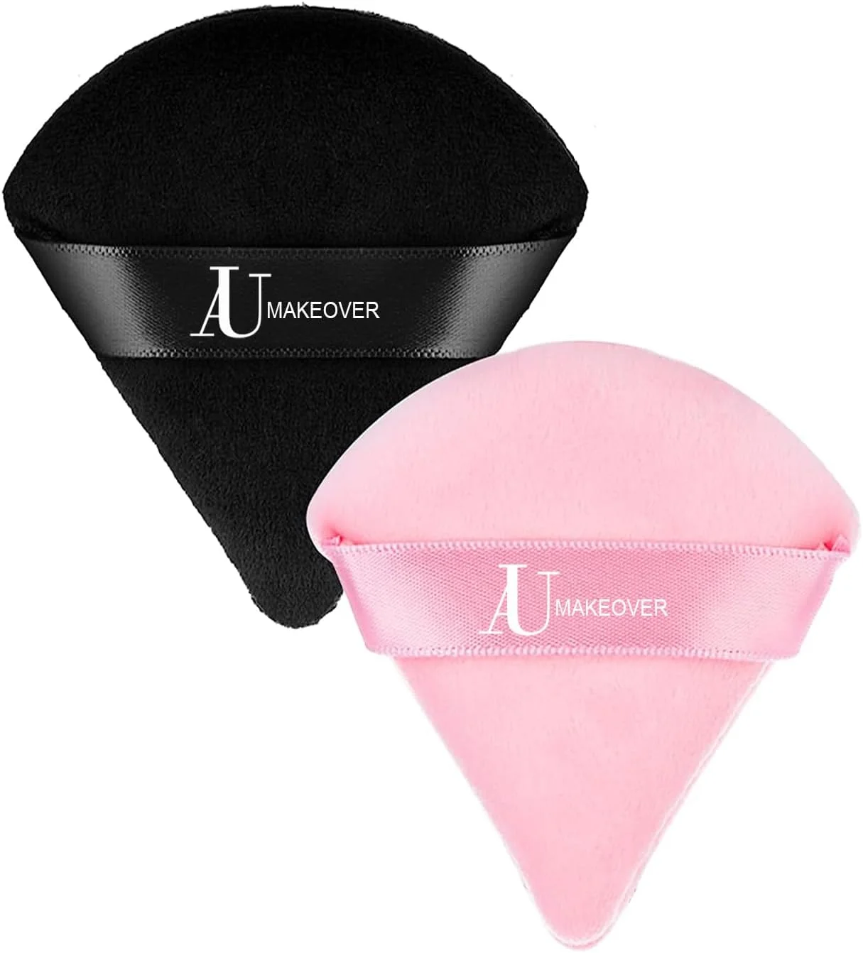 پدهای آرایشی مثلثی AU Makeovers، بسته 2 عددی، پد پودر نرم، اسفنج آرایشی قابل استفاده مجدد با بند برای پودر فیکس، فونداسیون، گوشه چشم، آرایش مرطوب و خشک - مشکی و صورتی
