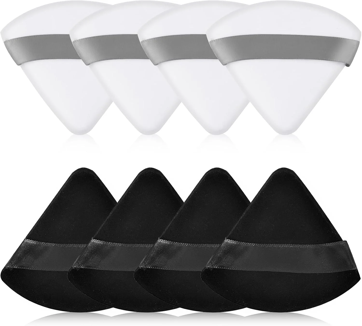 بسته 8 عددی پدهای آرایشی پنبه خالص - پدهای مثلثی فوق العاده نرم و قابل استفاده مجدد برای صورت، پودر فیکس و فشرده، زیر چشم، بدن - پد اسفنجی آرایشی قابل شستشو با بند (سفید و مشکی)