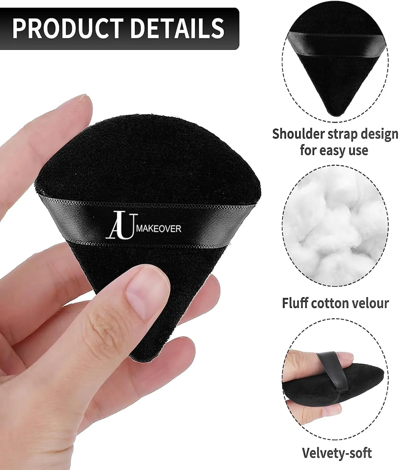 پدهای آرایشی مثلثی AU Makeovers، بسته 2 عددی، پد پودر نرم، اسفنج آرایشی قابل استفاده مجدد با بند برای پودر فیکس، فونداسیون، گوشه چشم، آرایش مرطوب و خشک - مشکی و صورتی