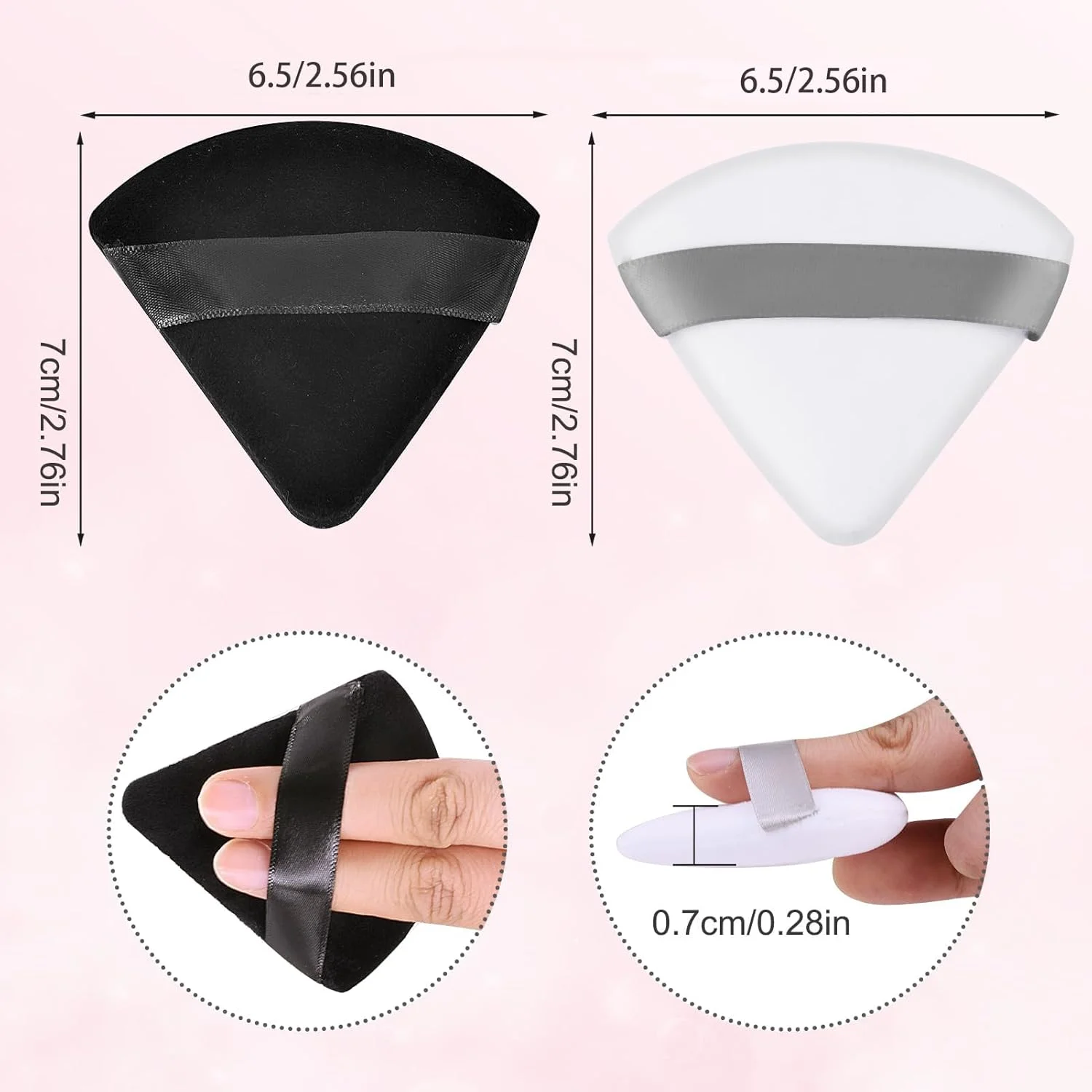 بسته 8 عددی پدهای آرایشی پنبه خالص - پدهای مثلثی فوق العاده نرم و قابل استفاده مجدد برای صورت، پودر فیکس و فشرده، زیر چشم، بدن - پد اسفنجی آرایشی قابل شستشو با بند (سفید و مشکی)