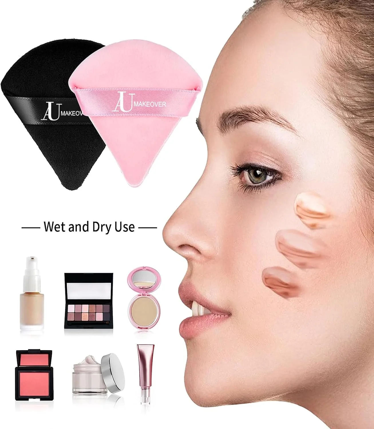 پدهای آرایشی مثلثی AU Makeovers، بسته 2 عددی، پد پودر نرم، اسفنج آرایشی قابل استفاده مجدد با بند برای پودر فیکس، فونداسیون، گوشه چشم، آرایش مرطوب و خشک - مشکی و صورتی