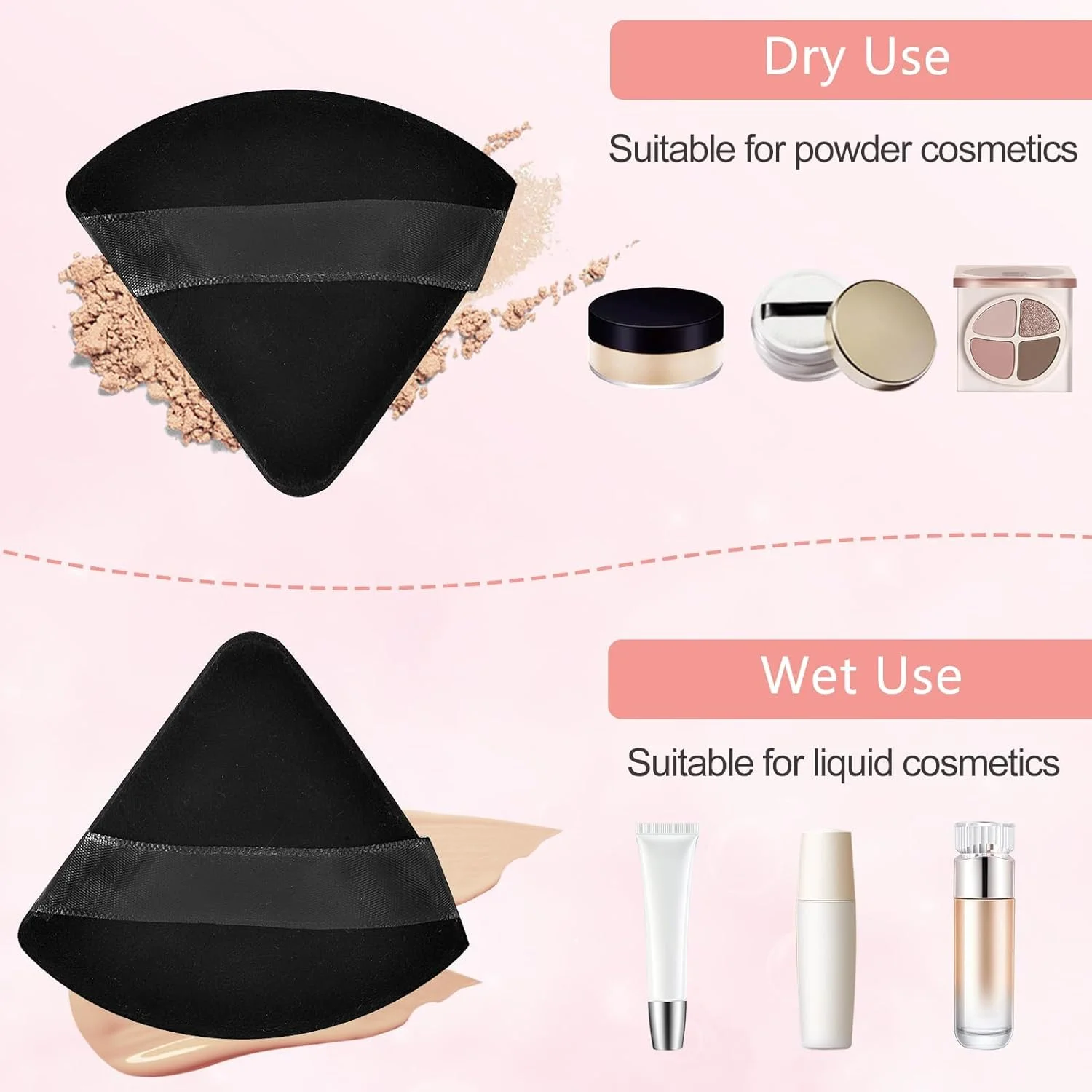 بسته 8 عددی پدهای آرایشی پنبه خالص - پدهای مثلثی فوق العاده نرم و قابل استفاده مجدد برای صورت، پودر فیکس و فشرده، زیر چشم، بدن - پد اسفنجی آرایشی قابل شستشو با بند (سفید و مشکی)