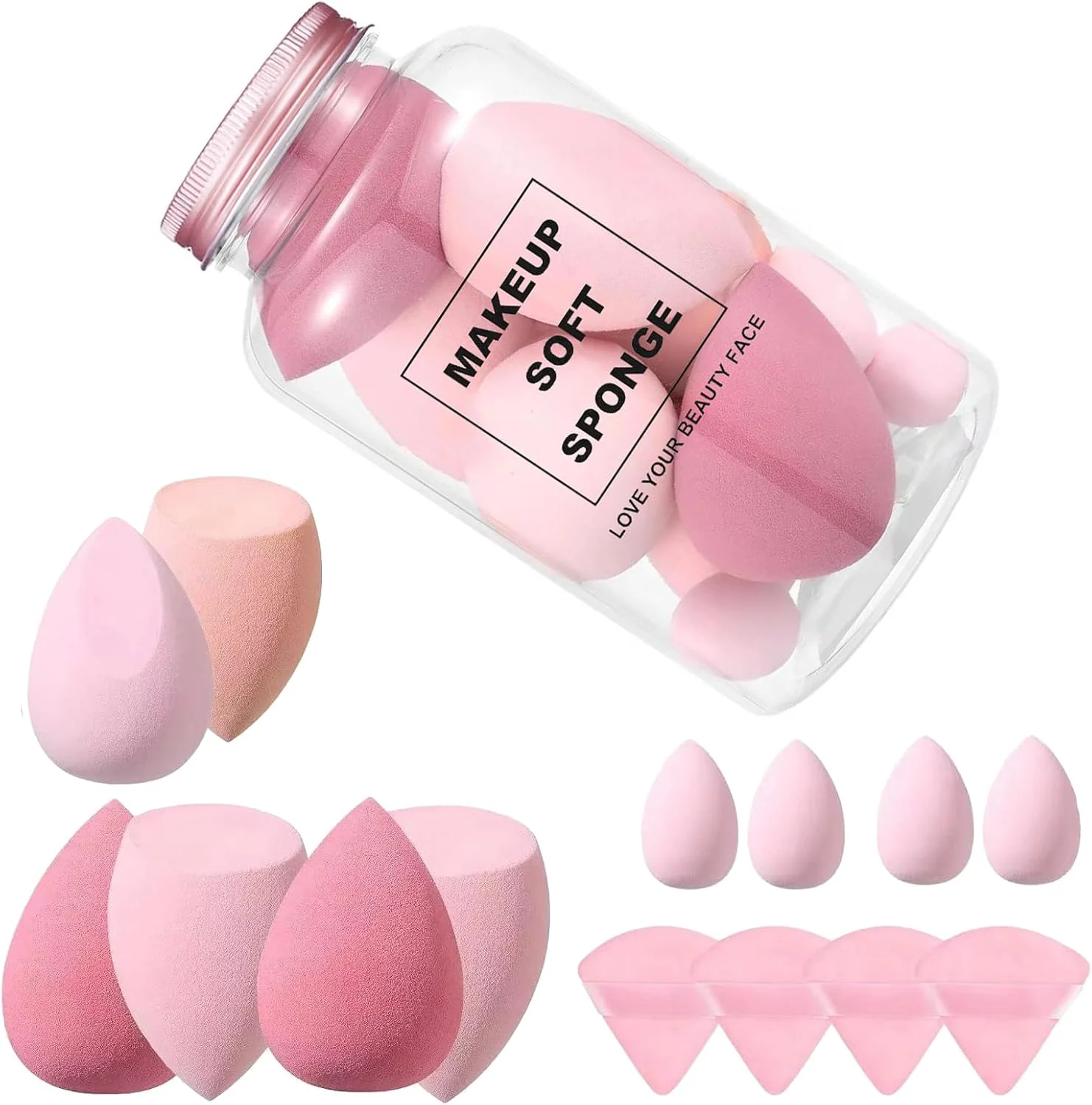 ست 14 تکه اسفنج آرایشی دووماما برای آرایش بی نقص - شامل پدهای پودری و اسفنج های کوچک - ایده آل برای هدیه روز ولنتاین یا روز مادر برای خانم ها - دستیابی به نتایج حرفه ای (صورتی)