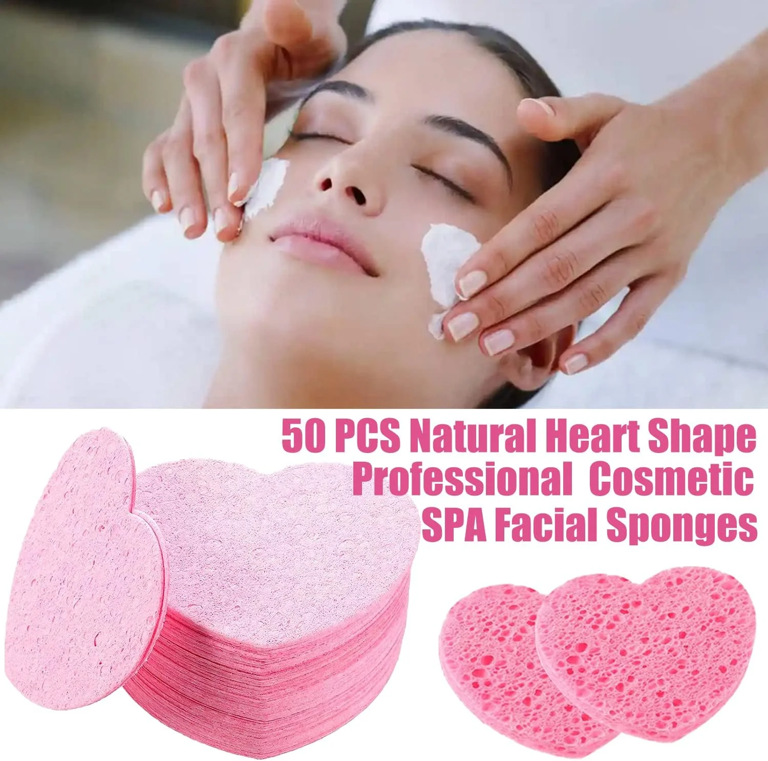 اسفنج صورت دونانو 50 عددی، اسفنج صورت فشرده، اسفنج پاک کننده صورت طرح قلب، پدهای اسفنجی پاک کننده صورت طبیعی برای پاکسازی روزانه و لایه برداری ملایم، قابل استفاده مجدد، صورتی