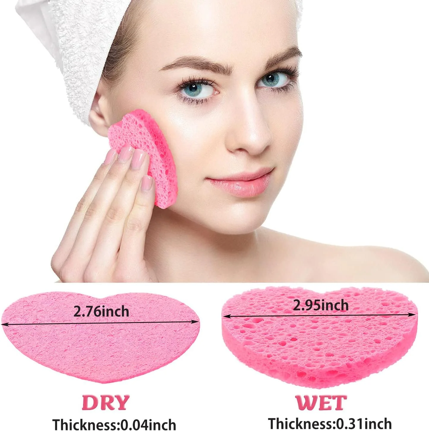 اسفنج صورت دونانو 50 عددی، اسفنج صورت فشرده، اسفنج پاک کننده صورت طرح قلب، پدهای اسفنجی پاک کننده صورت طبیعی برای پاکسازی روزانه و لایه برداری ملایم، قابل استفاده مجدد، صورتی